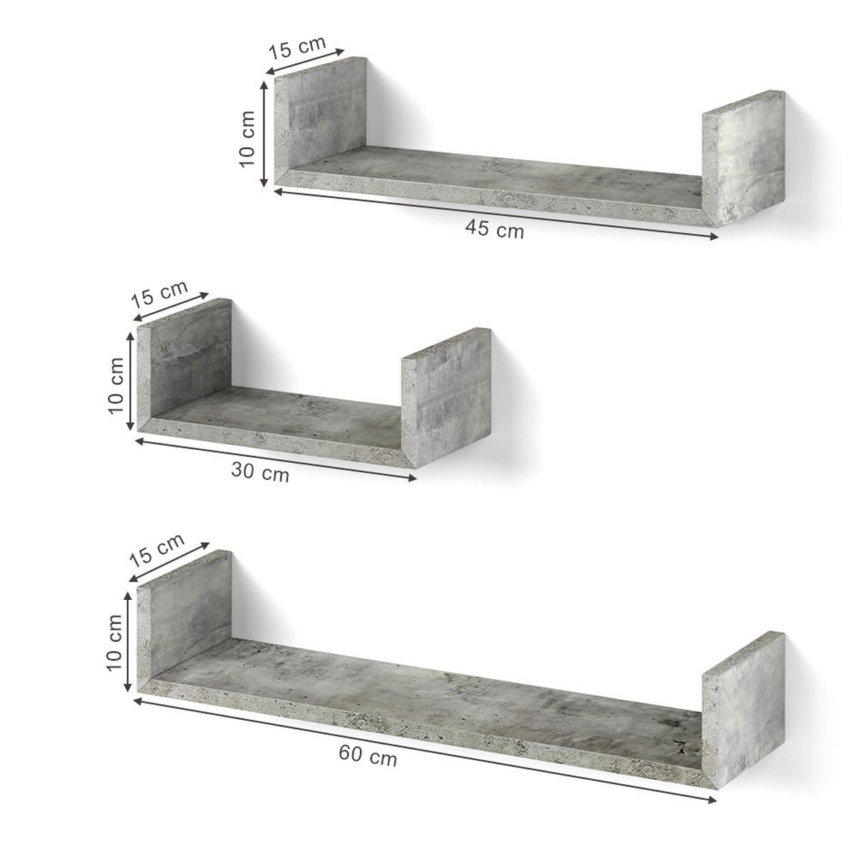 WANDREGAL Beton 60 x 10 cm 3er Set - Grau, Holzwerkstoff (60/10/15cm) - Vicco