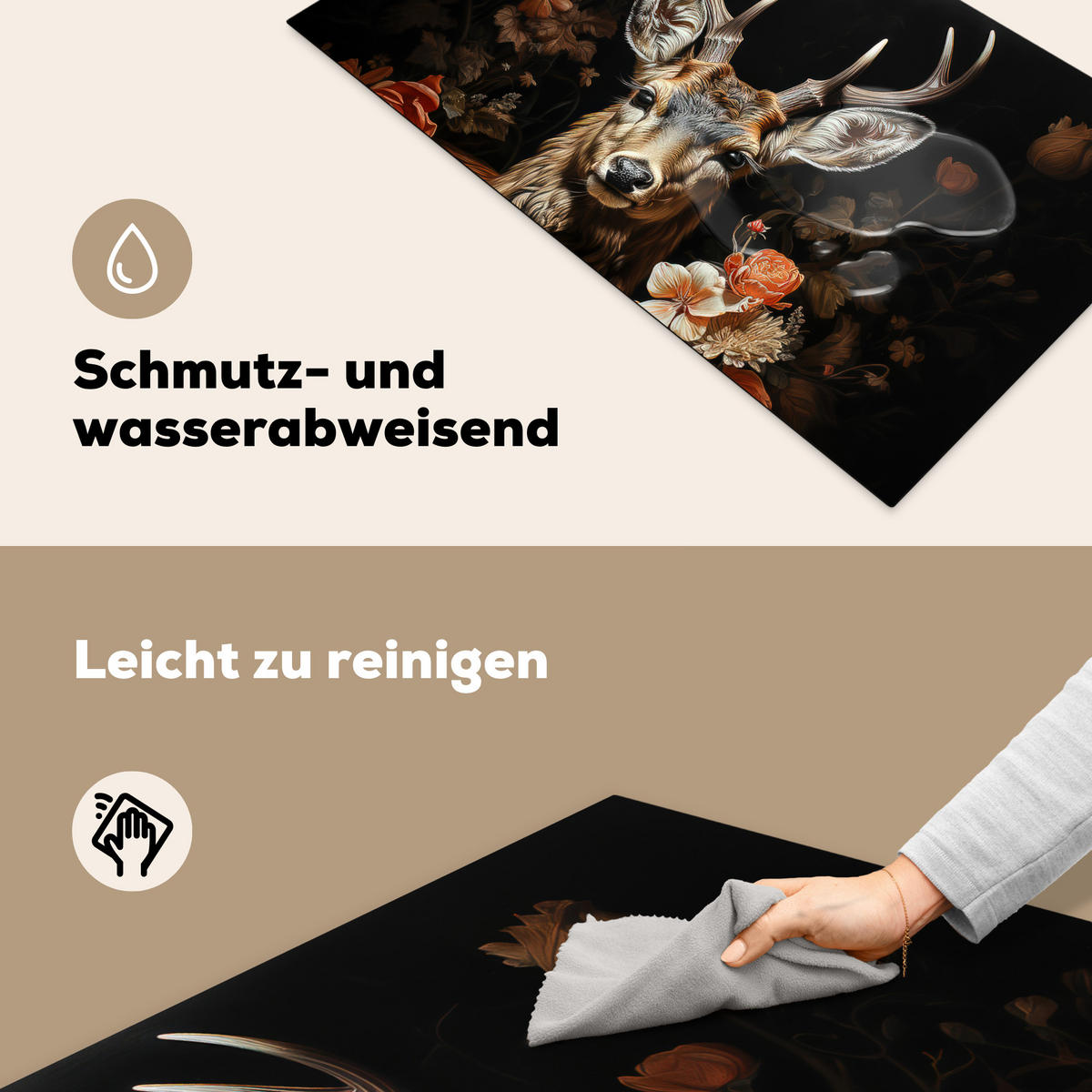 HERDABDECKPLATTE Hirsch - Tier - Blumen - Natur - Botanisch 91x52 cm - Kupferfarben, Kunststoff (91.2/52/0.2cm) - MuchoWow