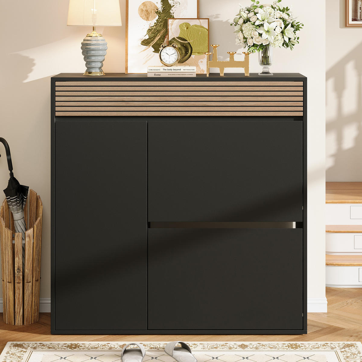 SCHUHSCHRANK 100×35×105cm Schwarz Naturholz mit 2 Klappen - Schwarz/Naturfarben, Holzwerkstoff (100/105/35cm) - FLIEKS