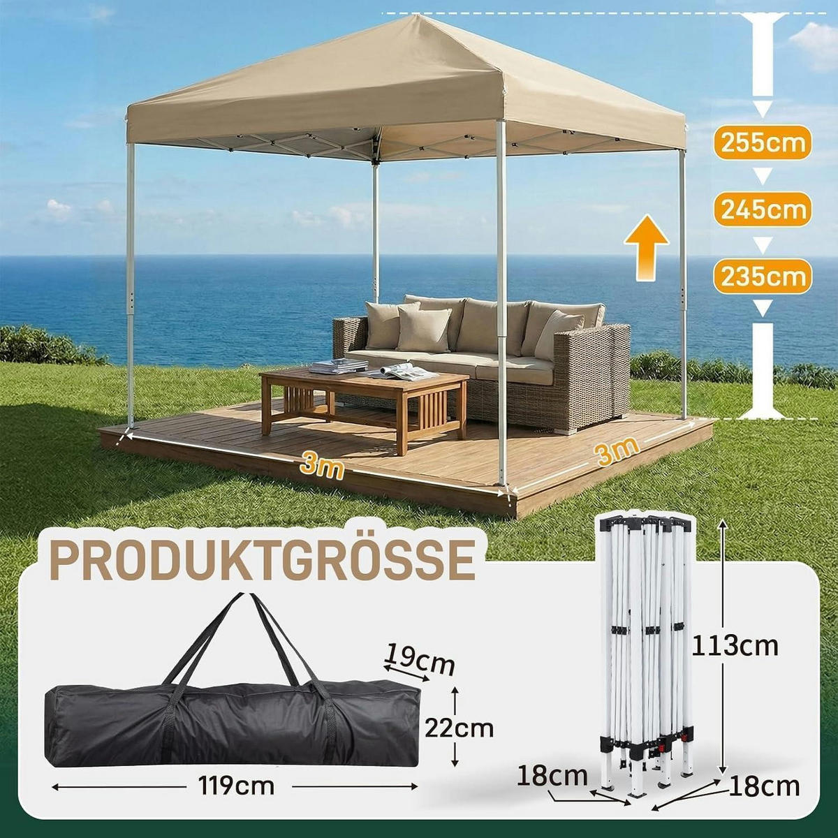 FALTPAVILLON 3x3 m mit Moskitonetzen Khaki - Olivgrün, Textil (300/245/300cm)