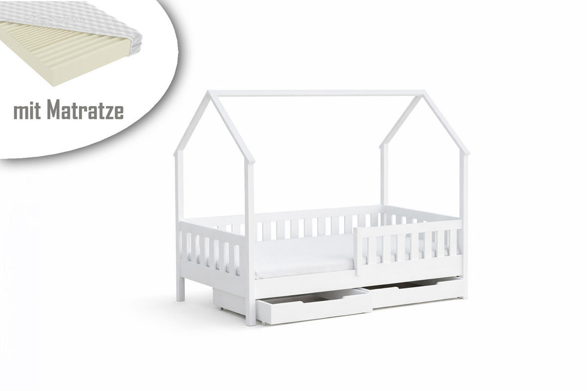 HAUSBETT 140x70 weiß mit Schubladen mit Matratze - Weiß, Holzwerkstoff (70/140cm)