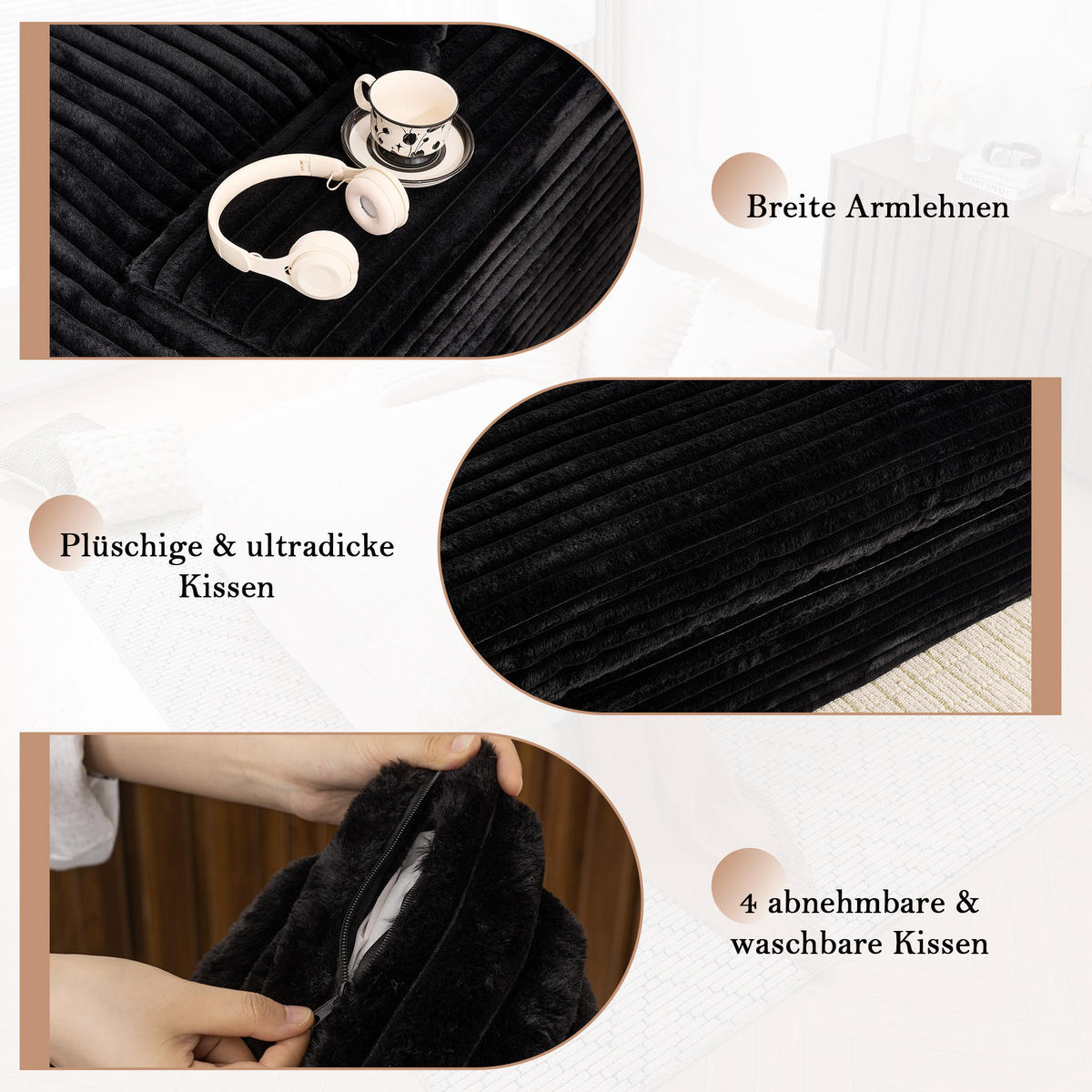 RELAXLIEGE Cordstoff mit Memory-Schaum und 4 Kissen 137/175/63 cm Schwarz - Schwarz, Textil (137/63/175cm) - Redom