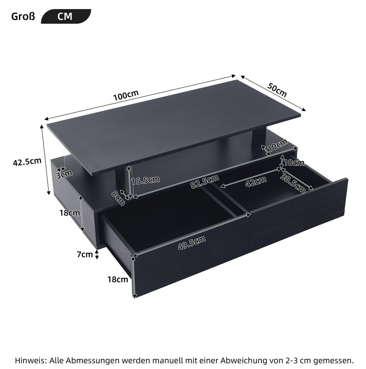 COUCHTISCH aus Acryl 100x50x42 cm Schwarz mit LED-Beleuchtung, App-Steuerung und 2 Schubladen - Schwarz, Holzwerkstoff (100/50/42.5cm) - Modfu