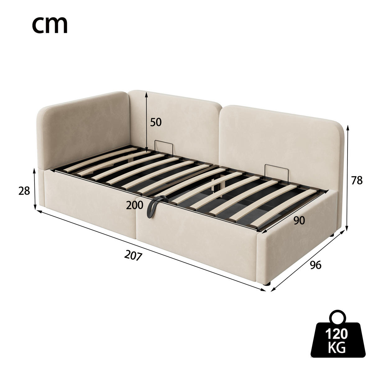POLSTERBETT 90/200 cm DE-33056 mit Stauraum und Samt Beige - Beige, Metall (90/200cm) - ComfortXL