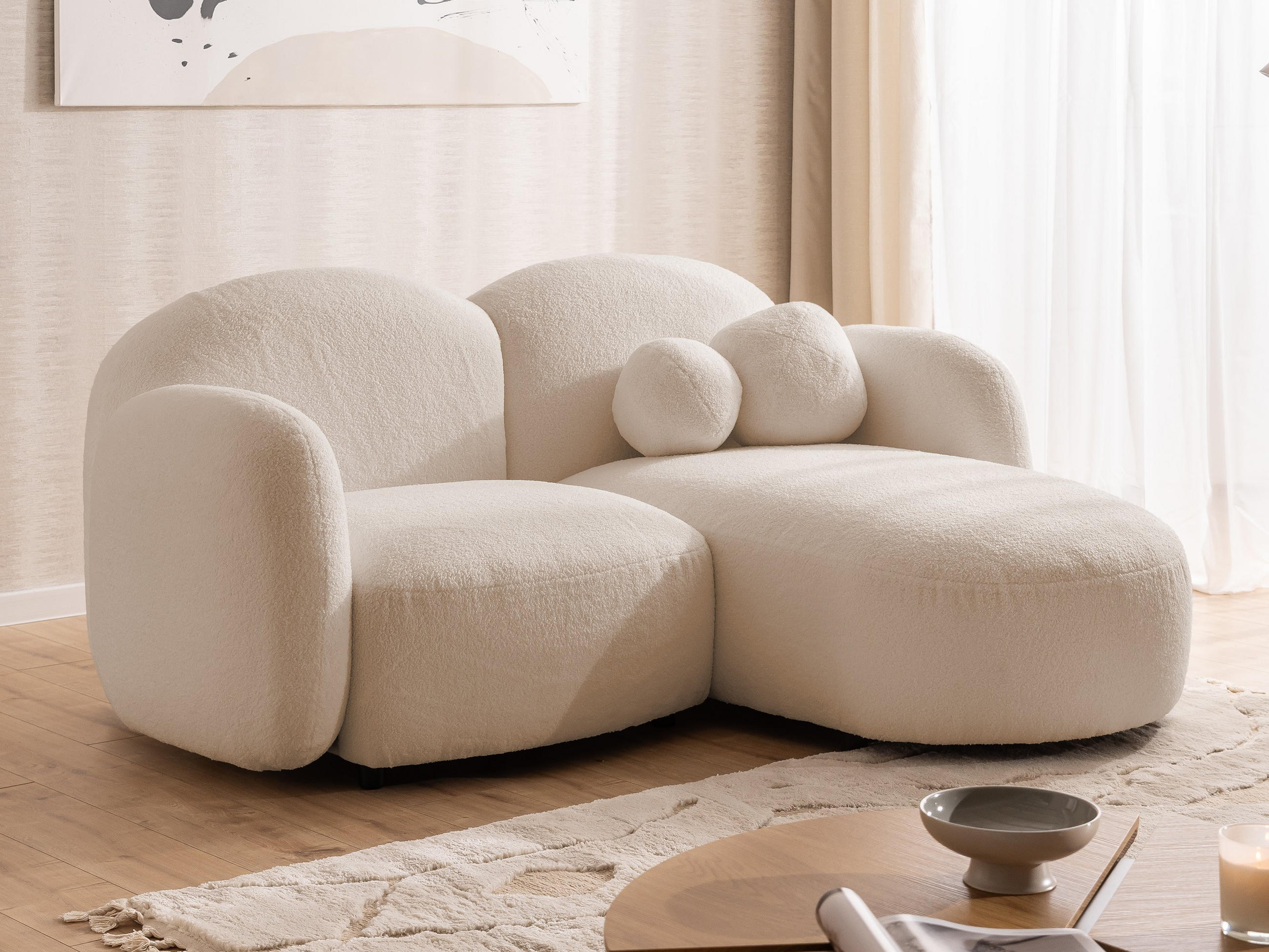 ECKSOFA Nuvola mit abgerundetem Design Hellbeige Bouclé-Stoff - Ottomane Rechts - Beige/Schwarz, Holz/Kunststoff (190/146cm) - S-Style Möbel
