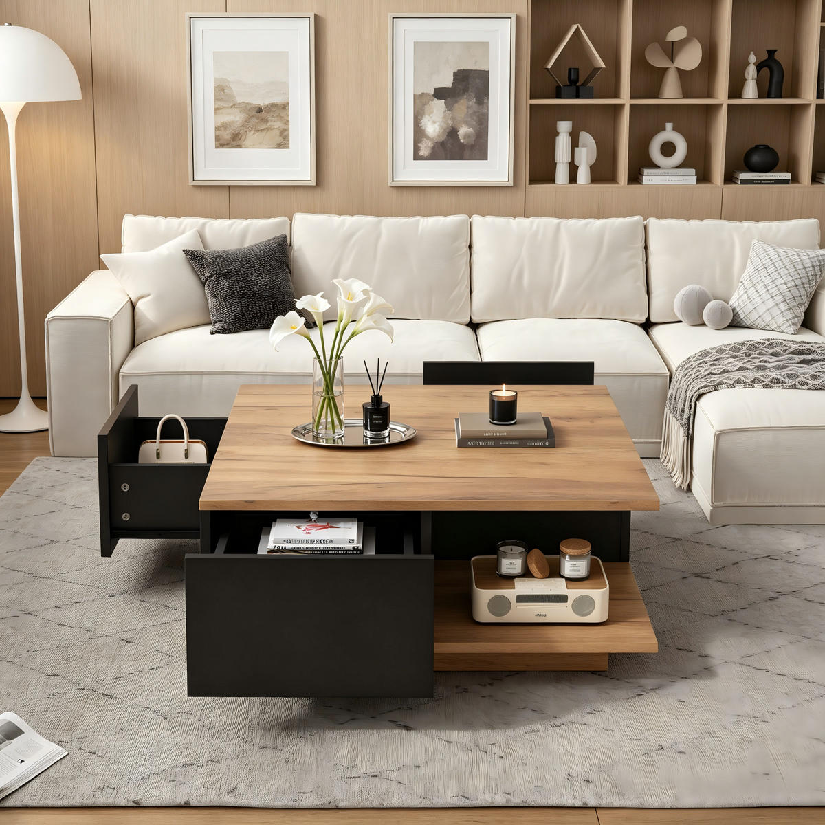 COUCHTISCH 70x70x31,5cm Hochglanz-Wohnzimmertisch mit 3 Schubladen Schwarz-Holz - Schwarz, Holz (81.89/78.74/14.66cm) - Raelunyi