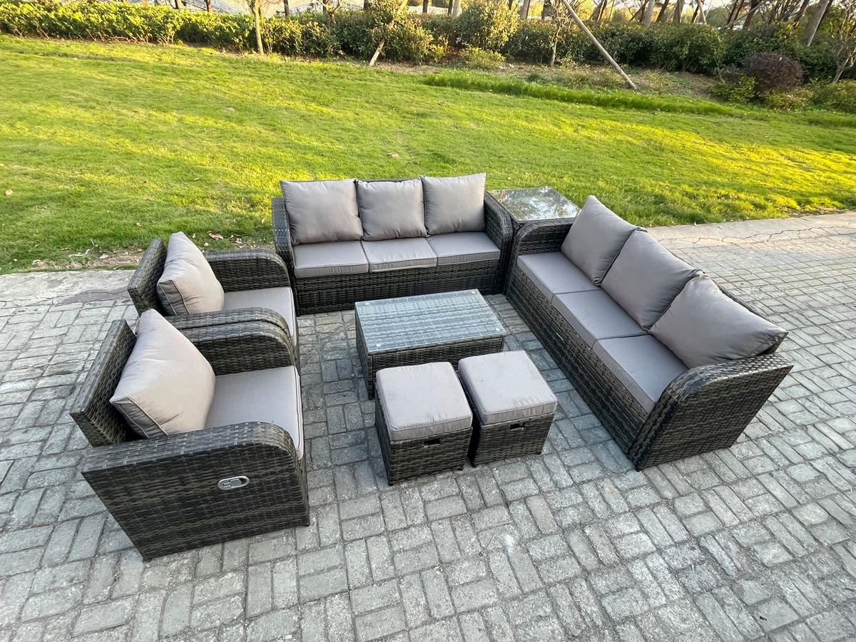 GARTENMÖBEL-SET mit Kissen Polyrattan Dunkelgrau 10-Sitzer - Dunkelgrau/Grau, Glas/Kunststoff - Fimous