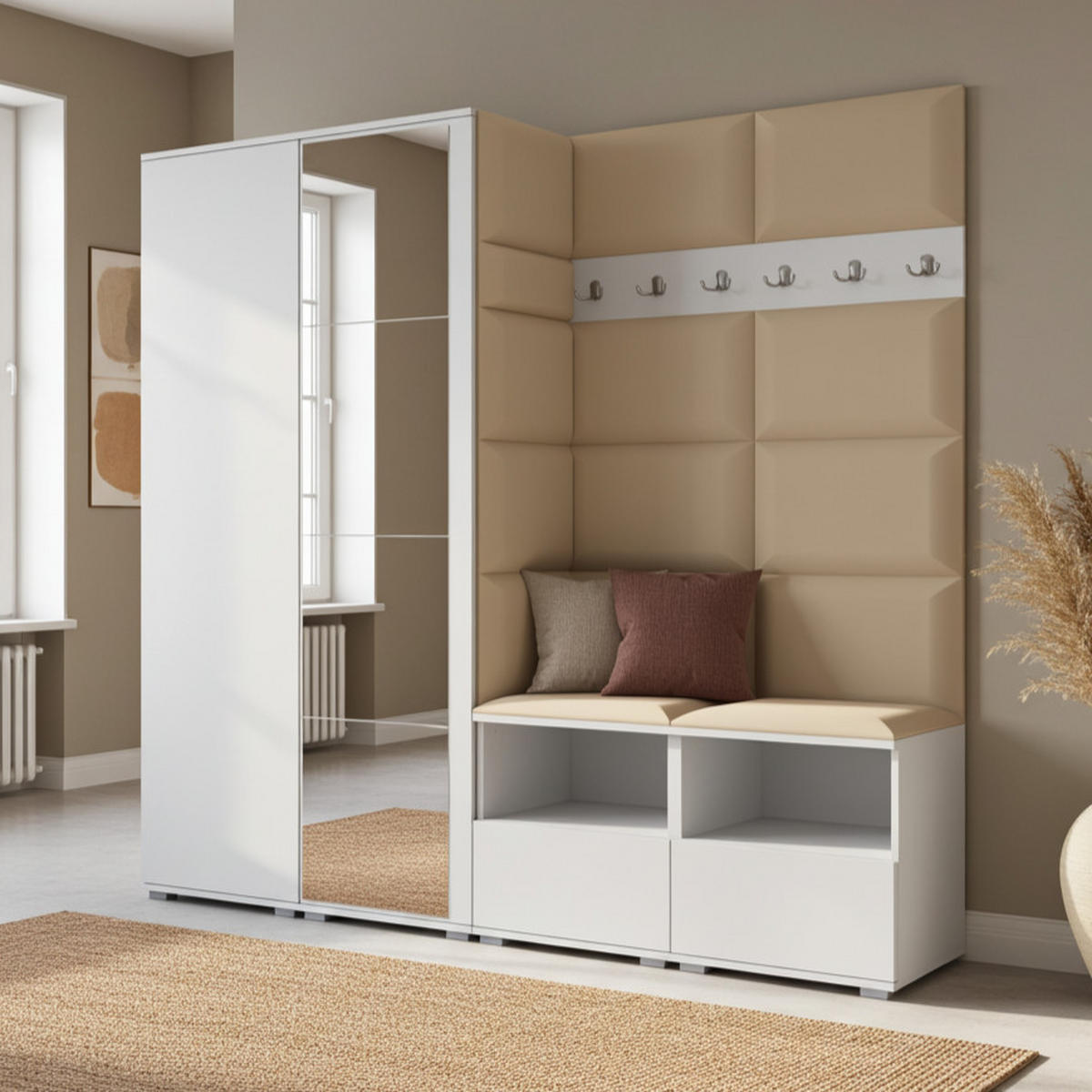 GARDEROBE NELA VI 200 cm (Kompaktgarderobe Weiß mit Spiegel & Sitzpolster Beige 04 Schrank & Paneel) - Beige/Silberfarben, Holz/Holzwerkstoff (200/187/40cm) - Ravio