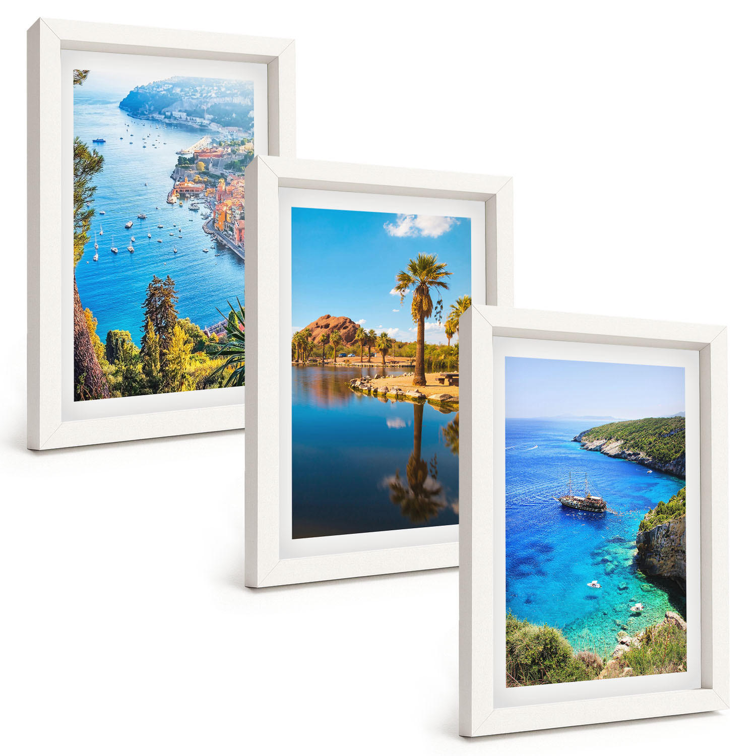 BILDER SET 3er Set - 20x30 cm Weißer Rahmen - Palmen am Meer, blaues Wasser - Weiß, Kunststoff (20/30cm) - TULUP