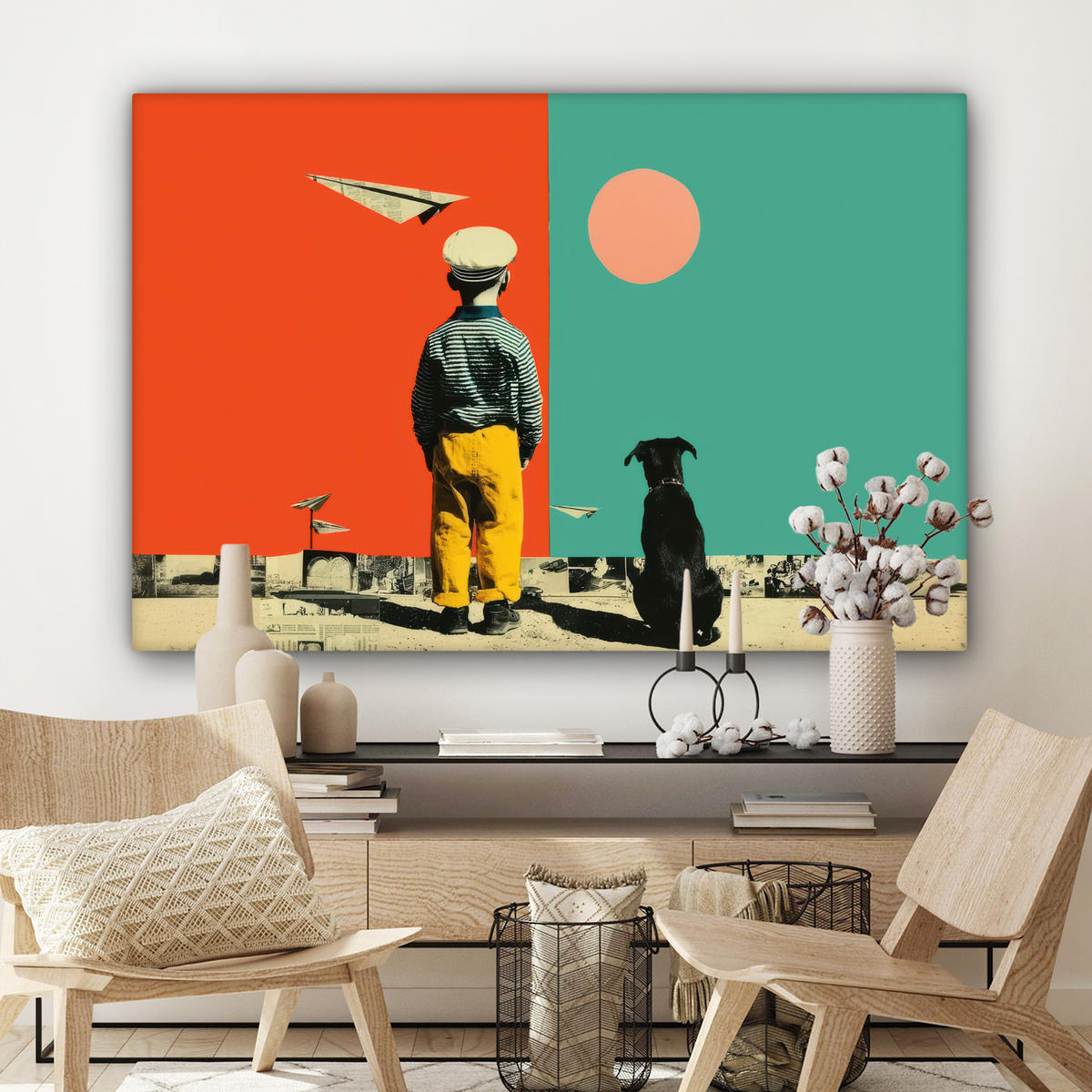 LEINWANDBILD Retro - Junge - Hund - Rot - Grün Groß 140x90 cm - Orange, Textil (140/90cm) - MuchoWow