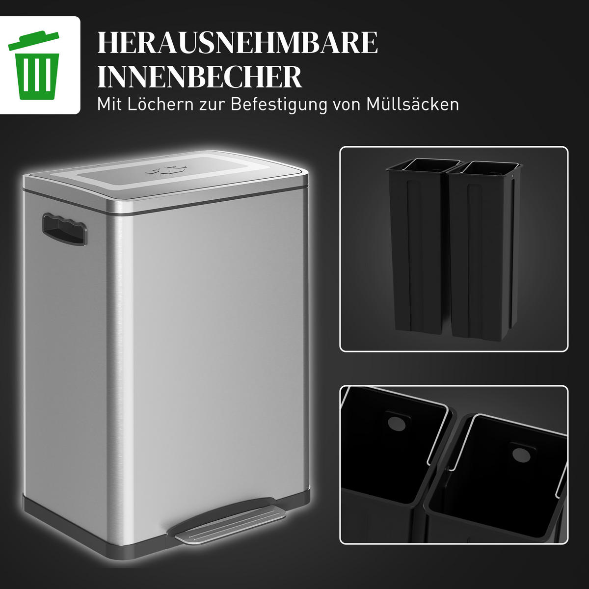 MÜLLEIMER 40L Edelstahl, Silber, 40 x 34,8 x 59 cm - Silberfarben, Kunststoff (70/59/34.8cm) - HOMCOM