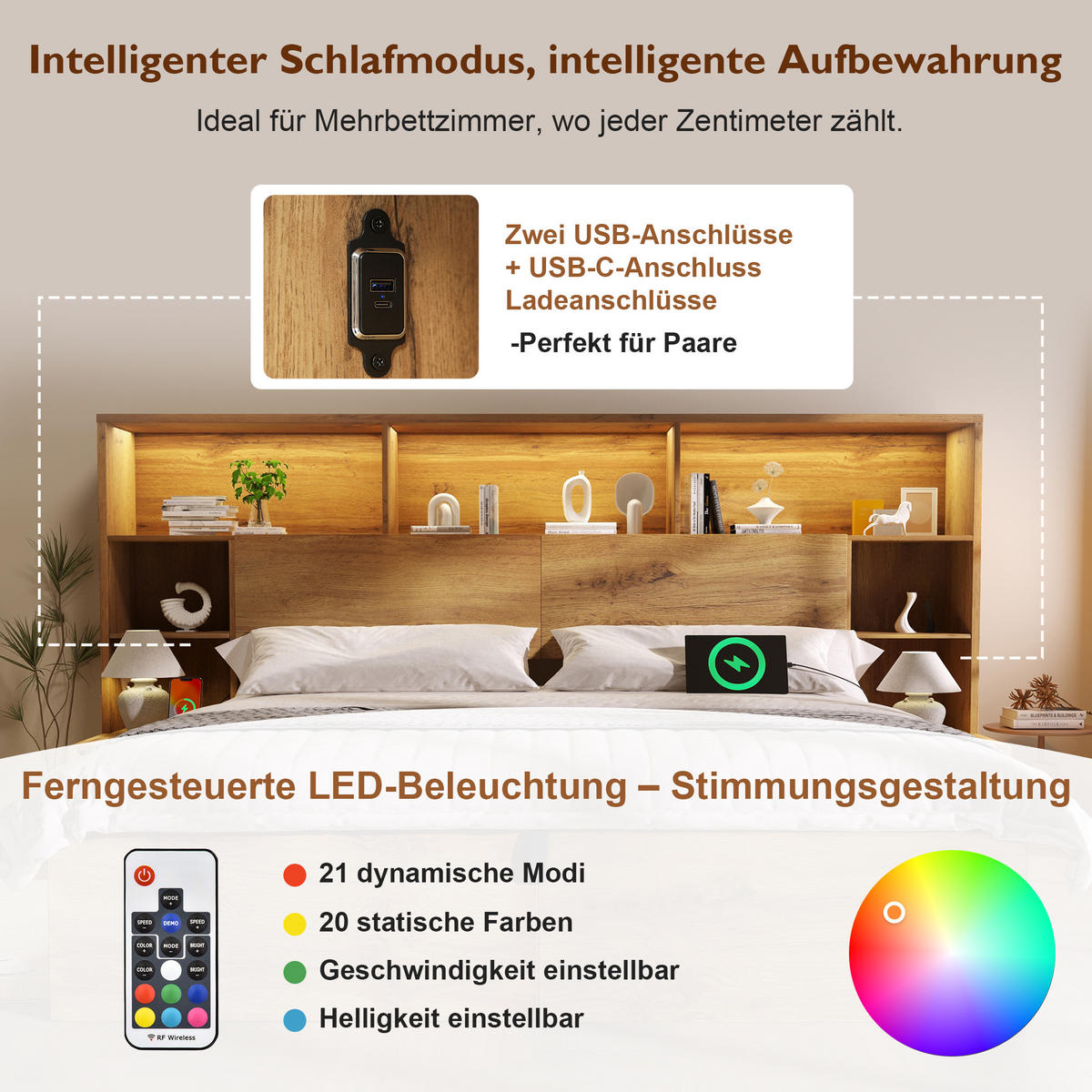 BETT 160/200 cm in Eiche mit Bettkasten, LED, USB und integrierten Nachttischen Holzoptik - Eichefarben, Holzwerkstoff/Metall (160/200cm) - STILVORA