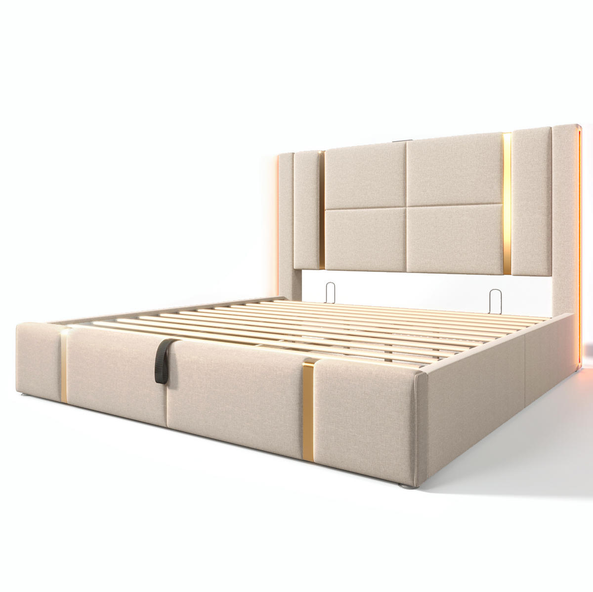 POLSTERBETT mit Stauraum, LED und USB/Typ-C 160x200 cm Leinen Beige inkl. Matratze - Beige, Metall (160/200cm) - Meubliv