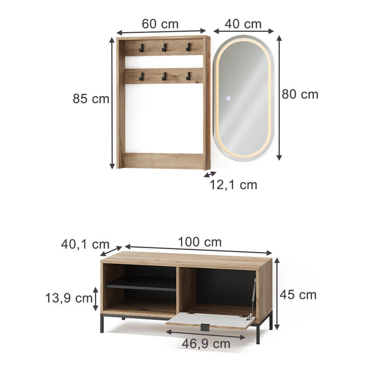 GARDEROBE Eliza Viking Oak 100 x 45 cm Set, 3 Teile - Eichefarben, Holzwerkstoff (100/45/40cm) - Vicco