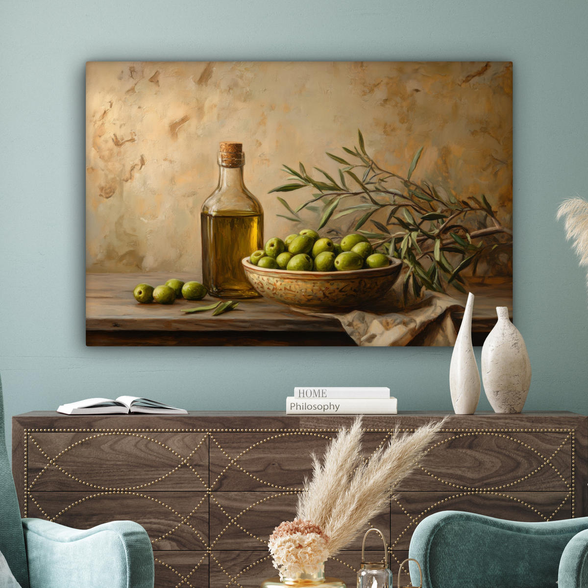 LEINWANDBILD Oliven - Stilleben - Vintage Wohnzimmer 120x80 cm - Olivgrün, Textil (120/80cm) - MuchoWow