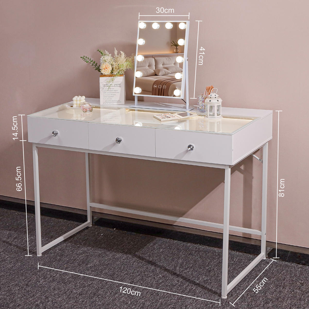 SCHMINKTISCH mit 3 Schubladen 115/55/81 CM und LED Beleuchtung Schminkspiegel Lichtleiste weiß 30/41 cm - Weiß, Holz (55/81/115cm) - VANITII