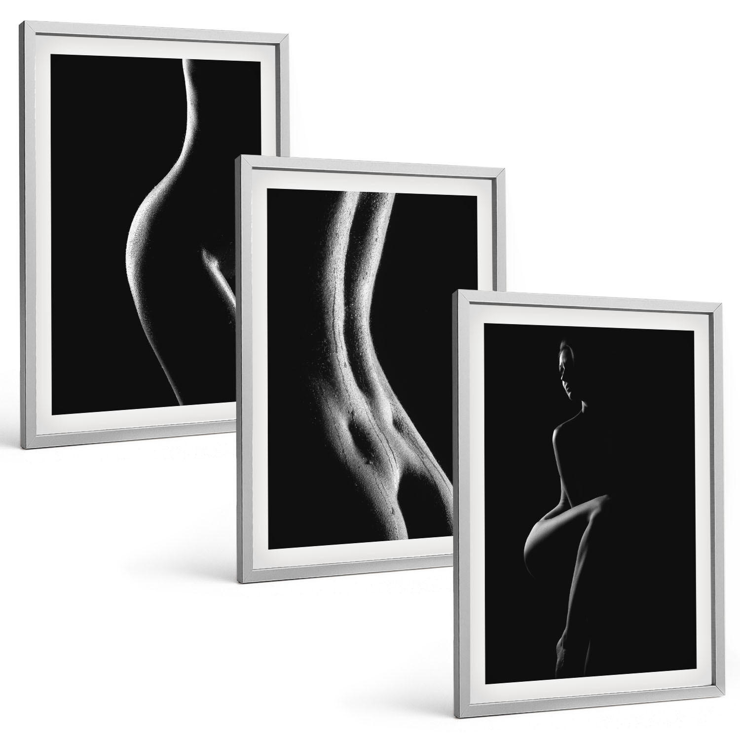 BILDER SET 3er Set - 40x60 cm Silberner Rahmen - Schwarz-weiße weibliche Silhouetten - Silberfarben, Kunststoff (40/60cm) - TULUP