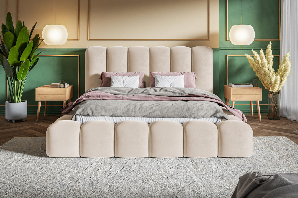 POLSTERBETT 160x200 cm Madeno mit Bettkasten, Samtstoff, Beige - Beige, Holz/Textil (160/200cm) - Emporius