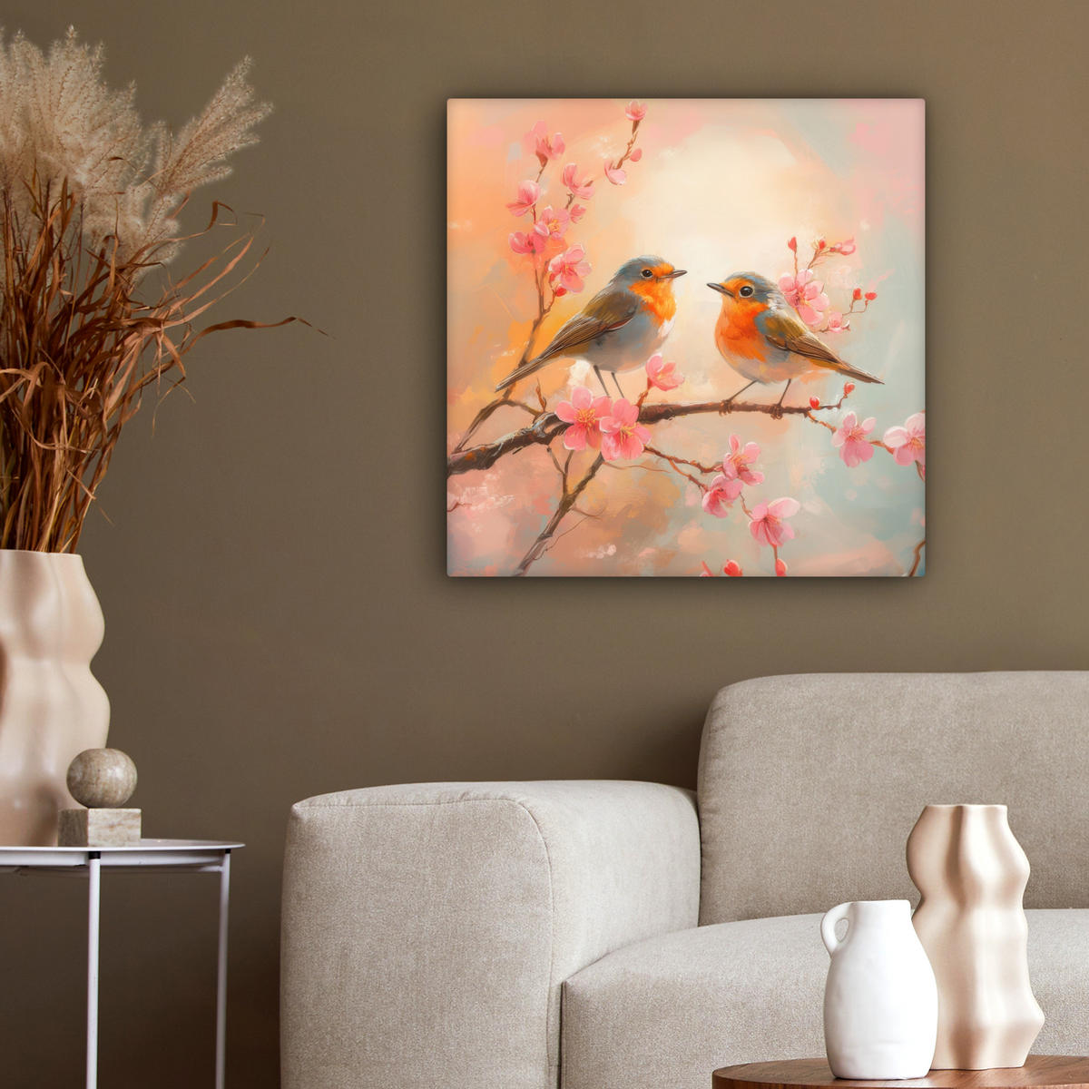 LEINWANDBILD Rotkehlchen - Zierpflanze - Blütenzweig 50x50 cm - Hellrosa, Textil (50/50cm) - MuchoWow