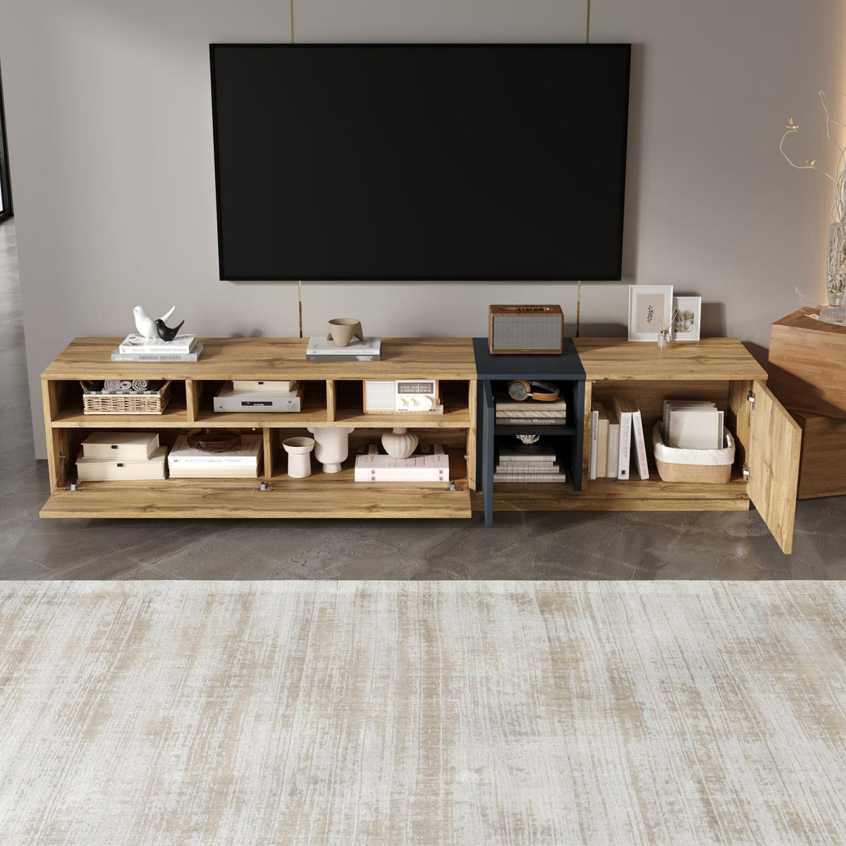 TV stolek 200/45/45 cm s otevřenými přihrádkami a kabelovými průchodkami, dvířky a tichým zavíráním, Černá/Šedá a přírodní - černá, kompozitní dřevo (200/45/45cm) - Redom