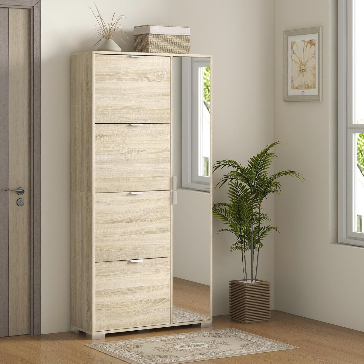 SCHUHSCHRANK DE-15005 4 Klapptüren & 2 Spiegel-Schränke Natur - Eichefarben, Holzwerkstoff (82/168/30cm) - ComfortXL