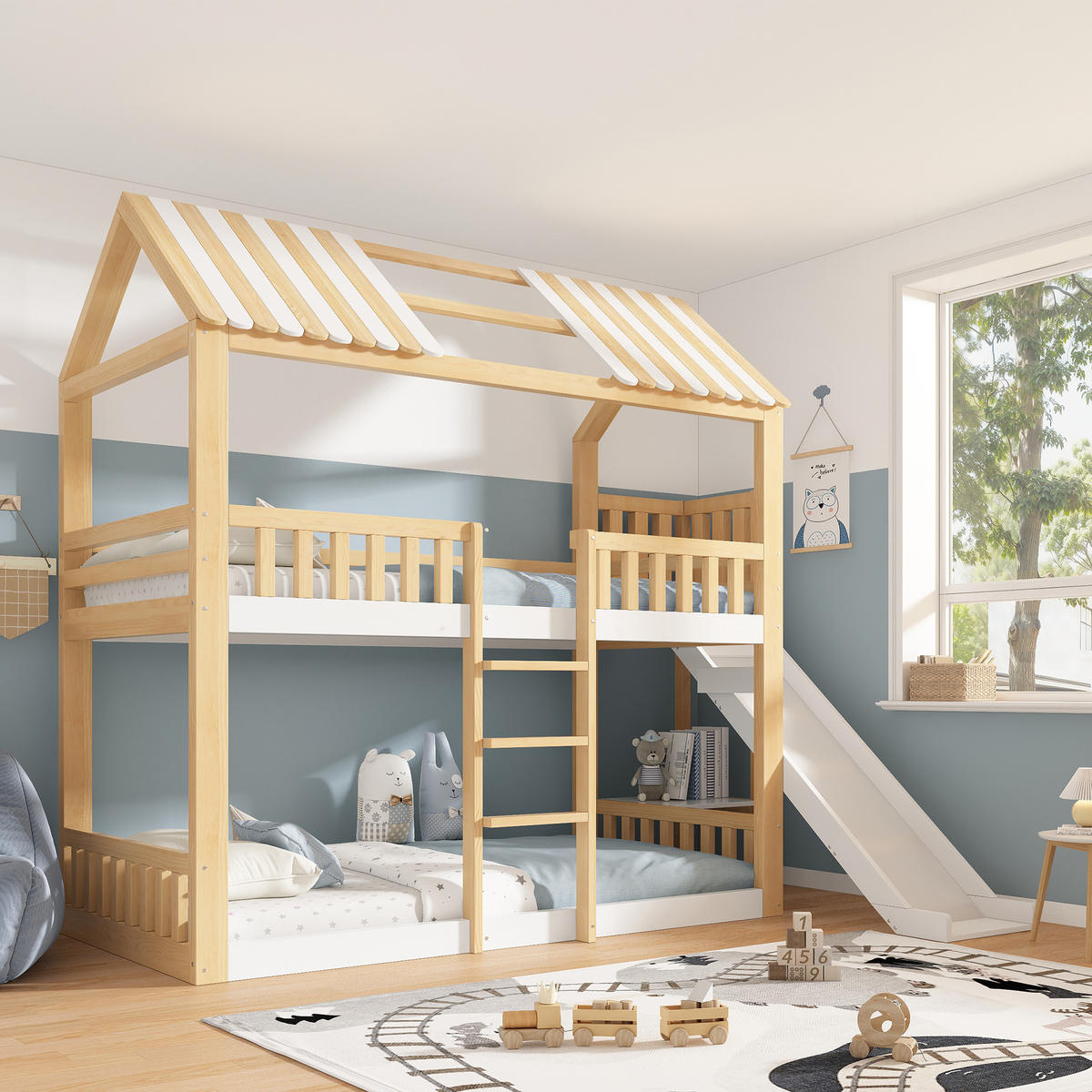 ETAGENBETT 90x200 cm Weiß Natur mit Rutsche - Naturfarben/Weiß, Holz (90/200cm) - FLIEKS