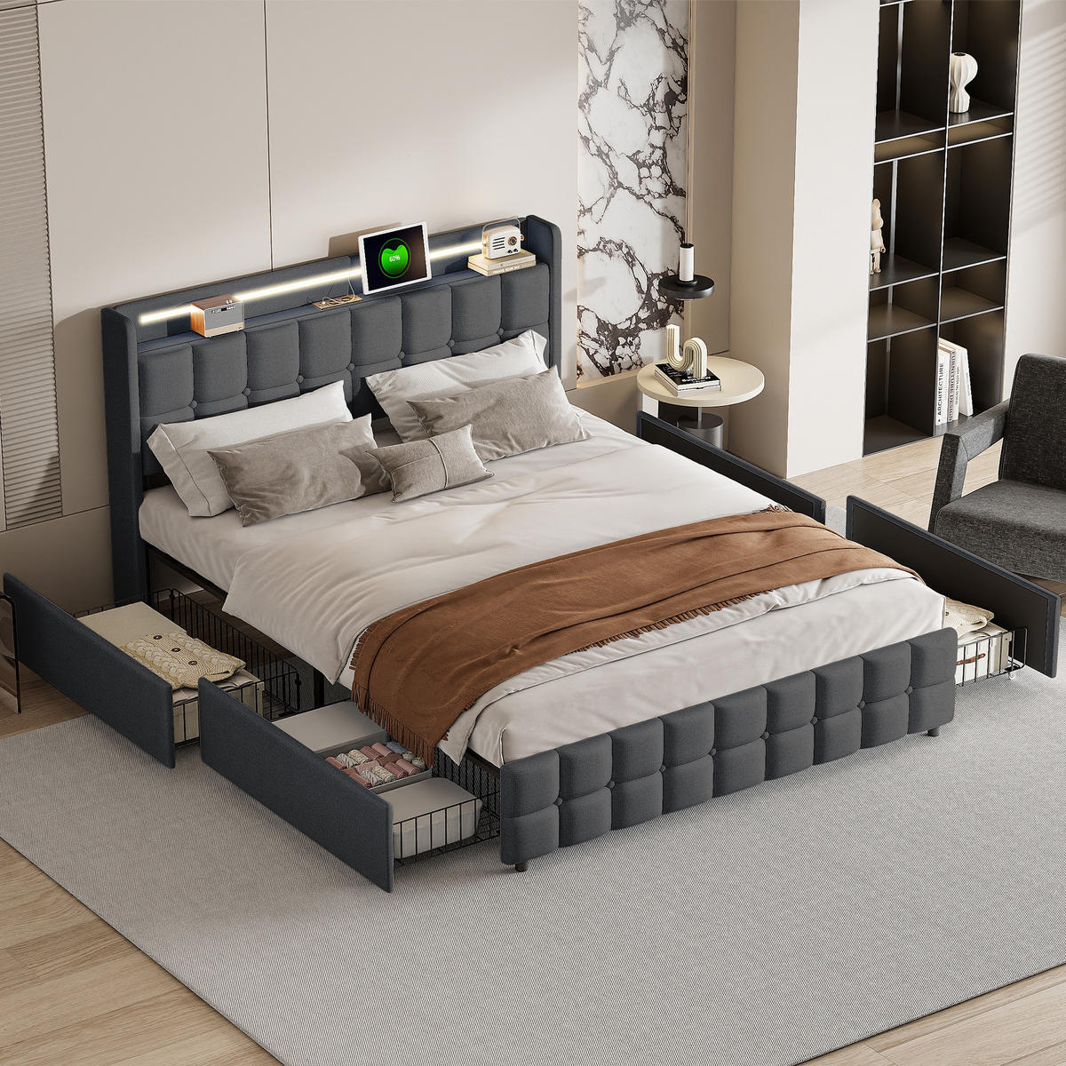 POLSTERBETT 160x200 cm Square Smart mit RGB-LED, EU-Steckdosen & USB-Ports, 4 Schubladen, Leinen-Optik, Dunkelgrau - Grau, Textil (160/200cm) - DELFA