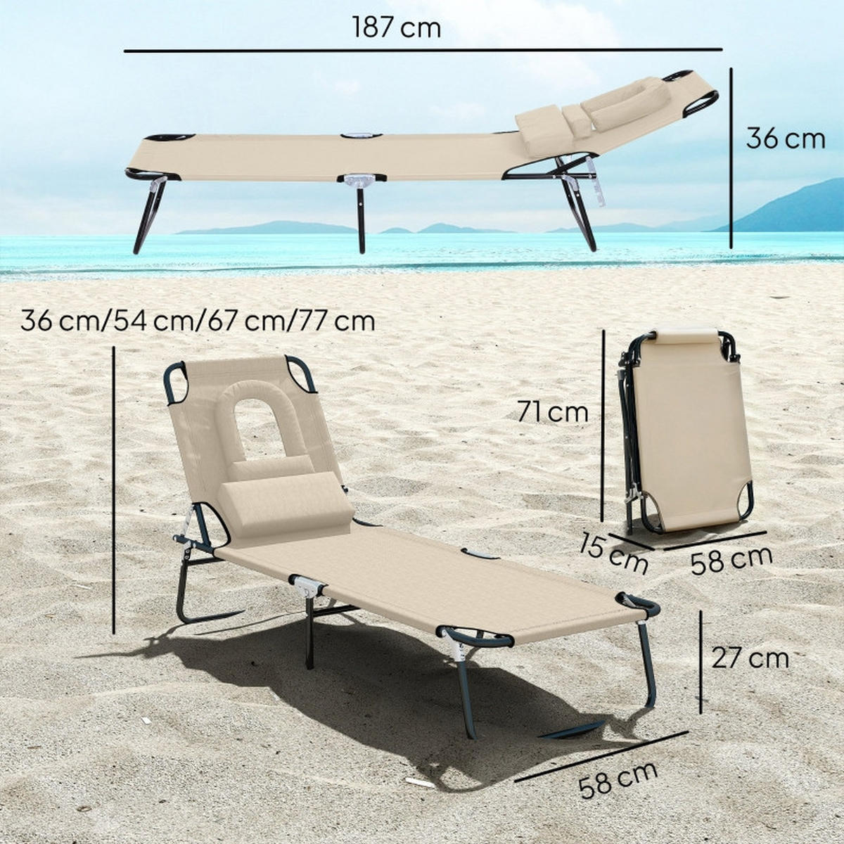 SONNENLIEGE aus Metall 187x58x36 cm in Beige mit Gesichtsloch, klappbar - Beige, Metall (58/36/187cm) - Modfu