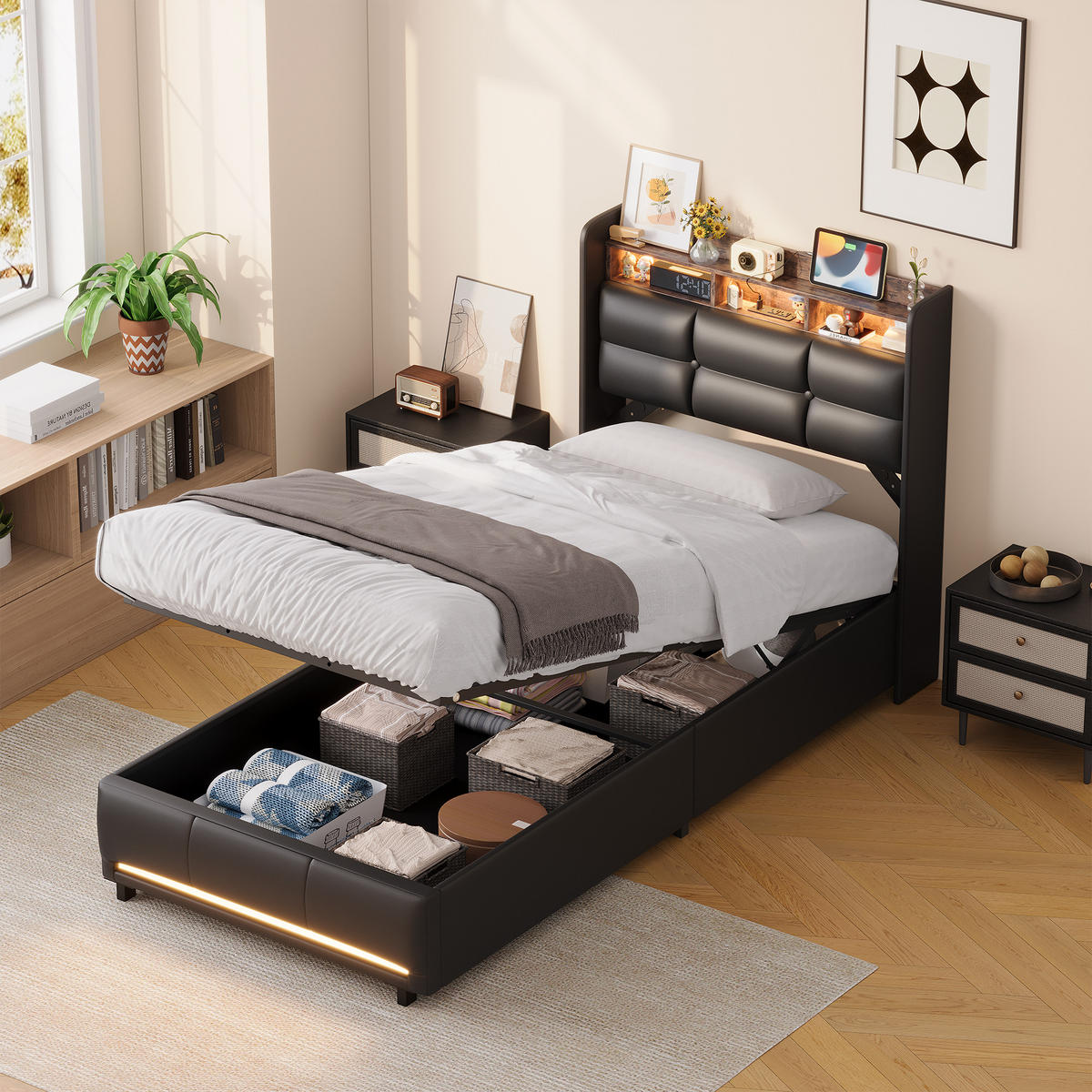 POLSTERBETT 90x200 cm PU mit RGB-LED, Stauraum und Ladefunktion - Schwarz, Holz (90/200cm) - SHOPENTRA