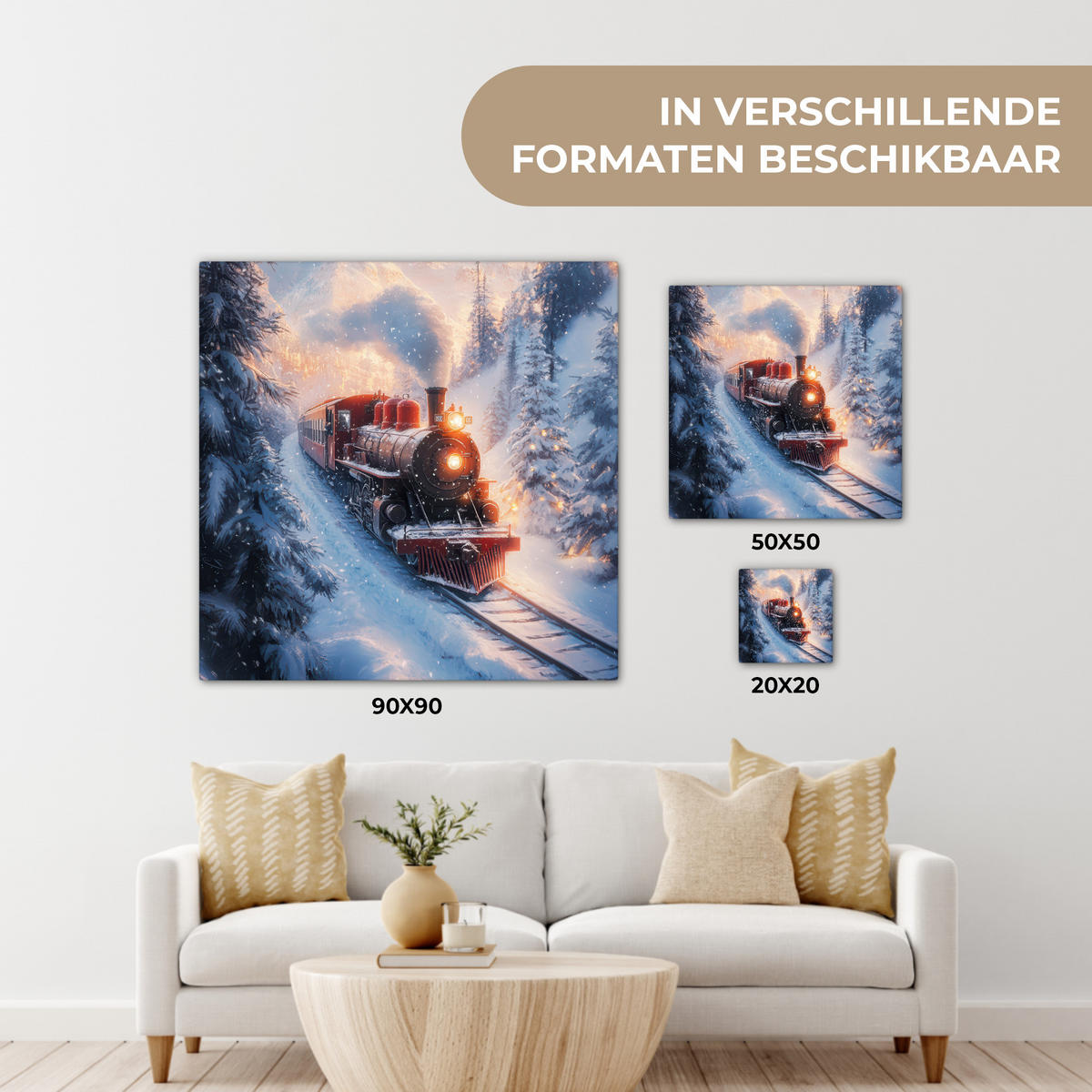 LEINWANDBILD Weihnachtszug - Schnee - Winter - Weihnachten Deko Groß 90x90 cm - Dunkelrot, Textil (90/90cm) - MuchoWow