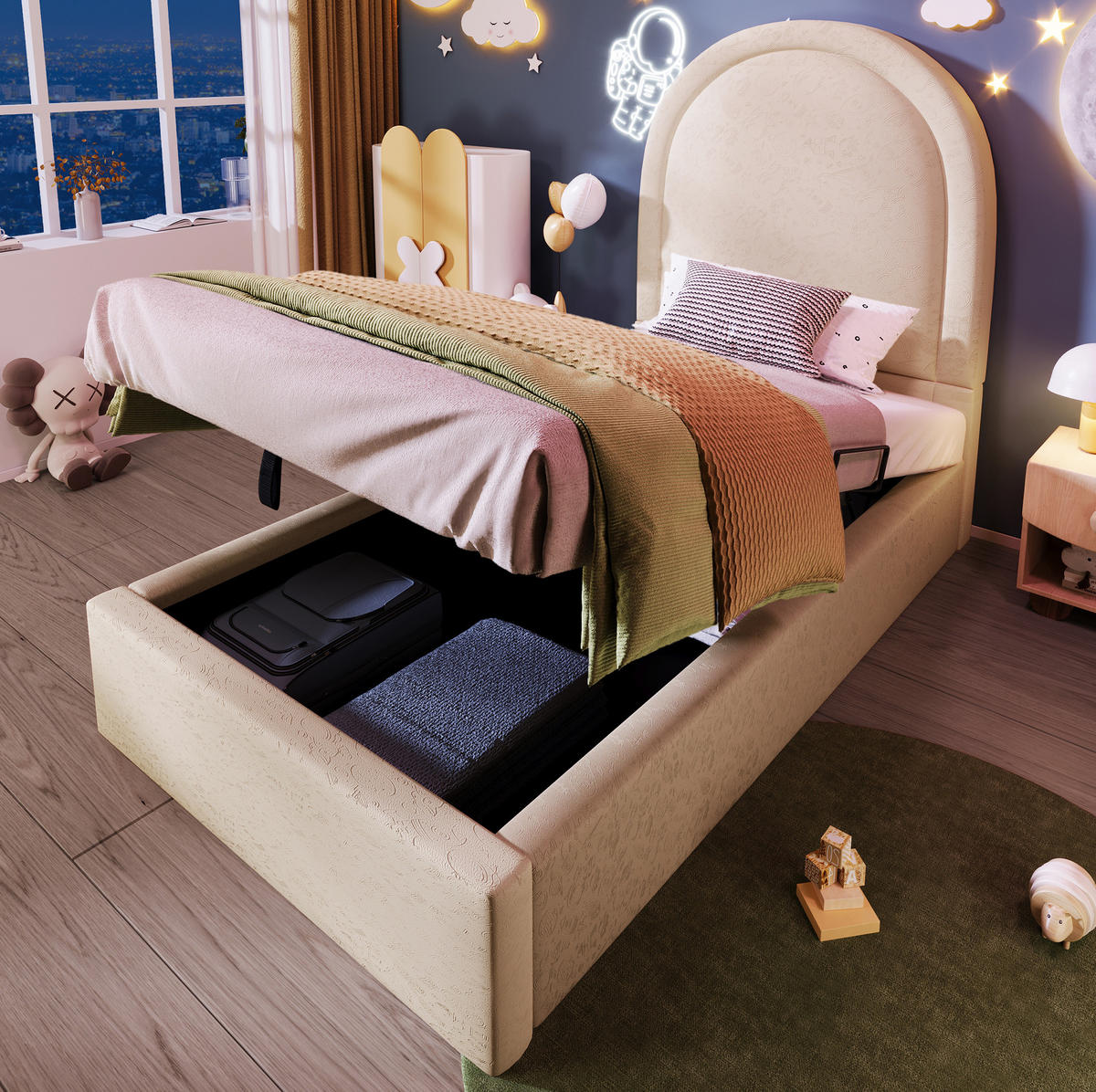 KINDERBETT 90/190 cm Beige mit Stauraum mit hydraulischem Lattenrost - Beige, Kunststoff (90/190cm) - OKWISH