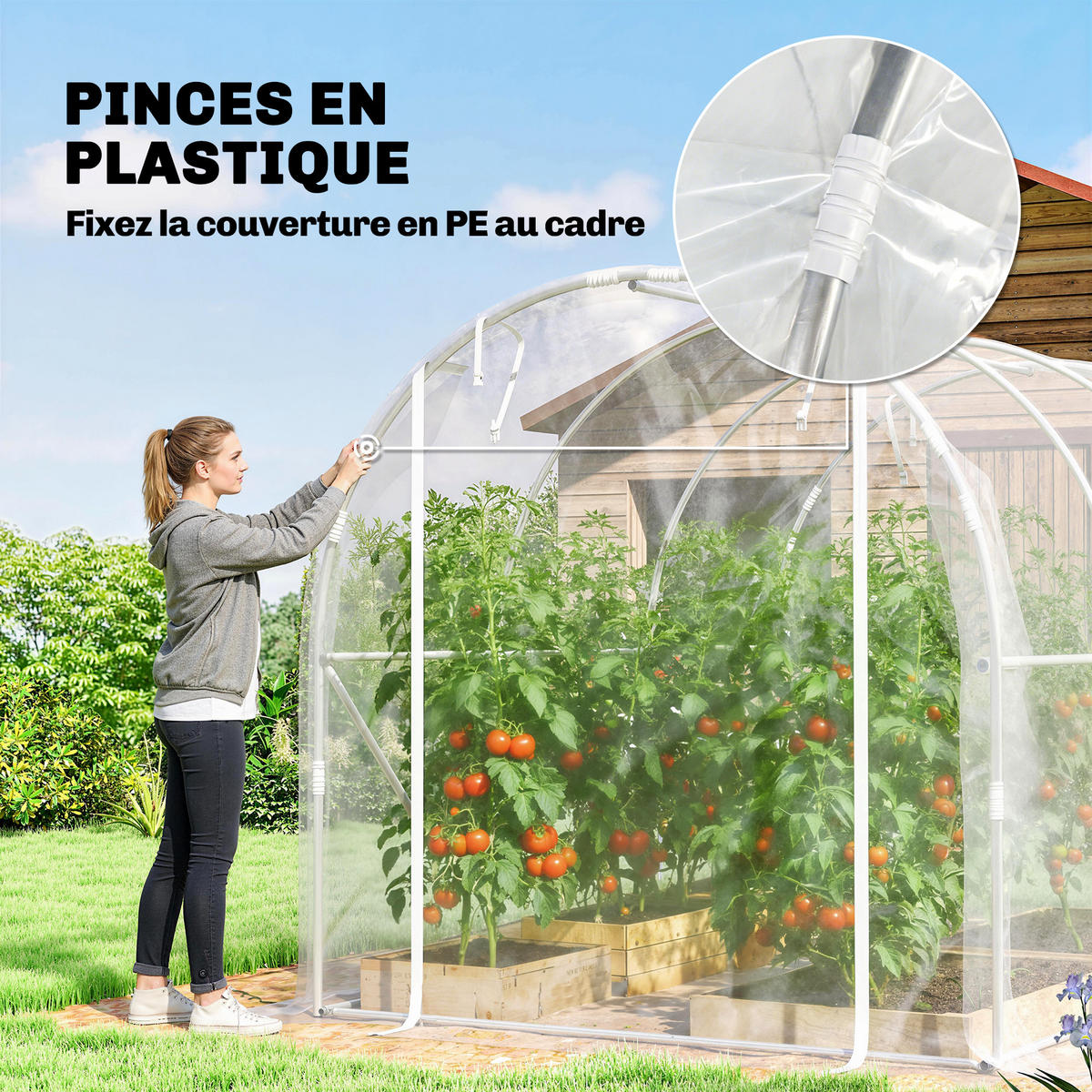 GEWÄCHSHAUS DE-12062 mit 2 Rolltüren & PE-Bache 150 g/m² Transparent - Transparent, Metall (195/195/295cm) - ComfortXL