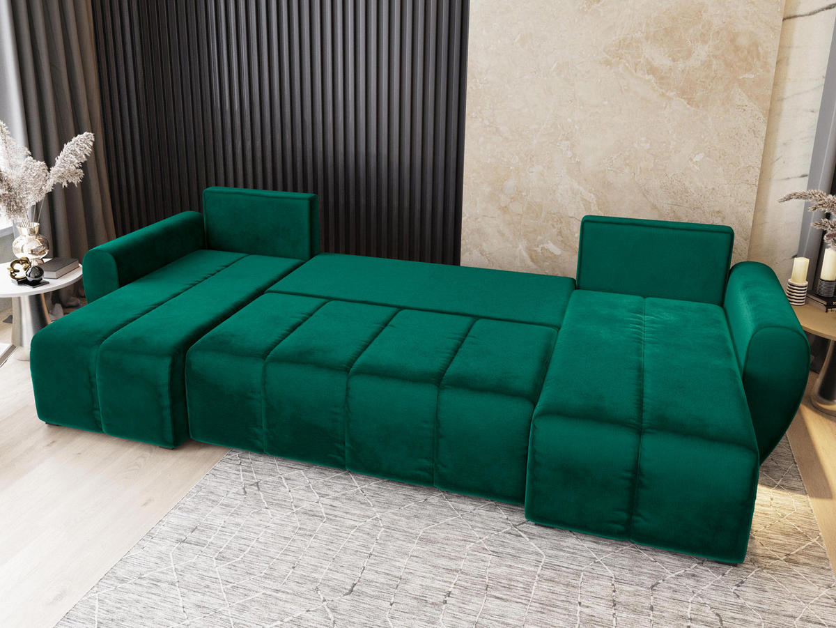 WOHNLANDSCHAFT MADISON U Grün Plüsch-Stoff mit Schlaffunktion - Grün, Holz (311/82/145cm) - MASSENO