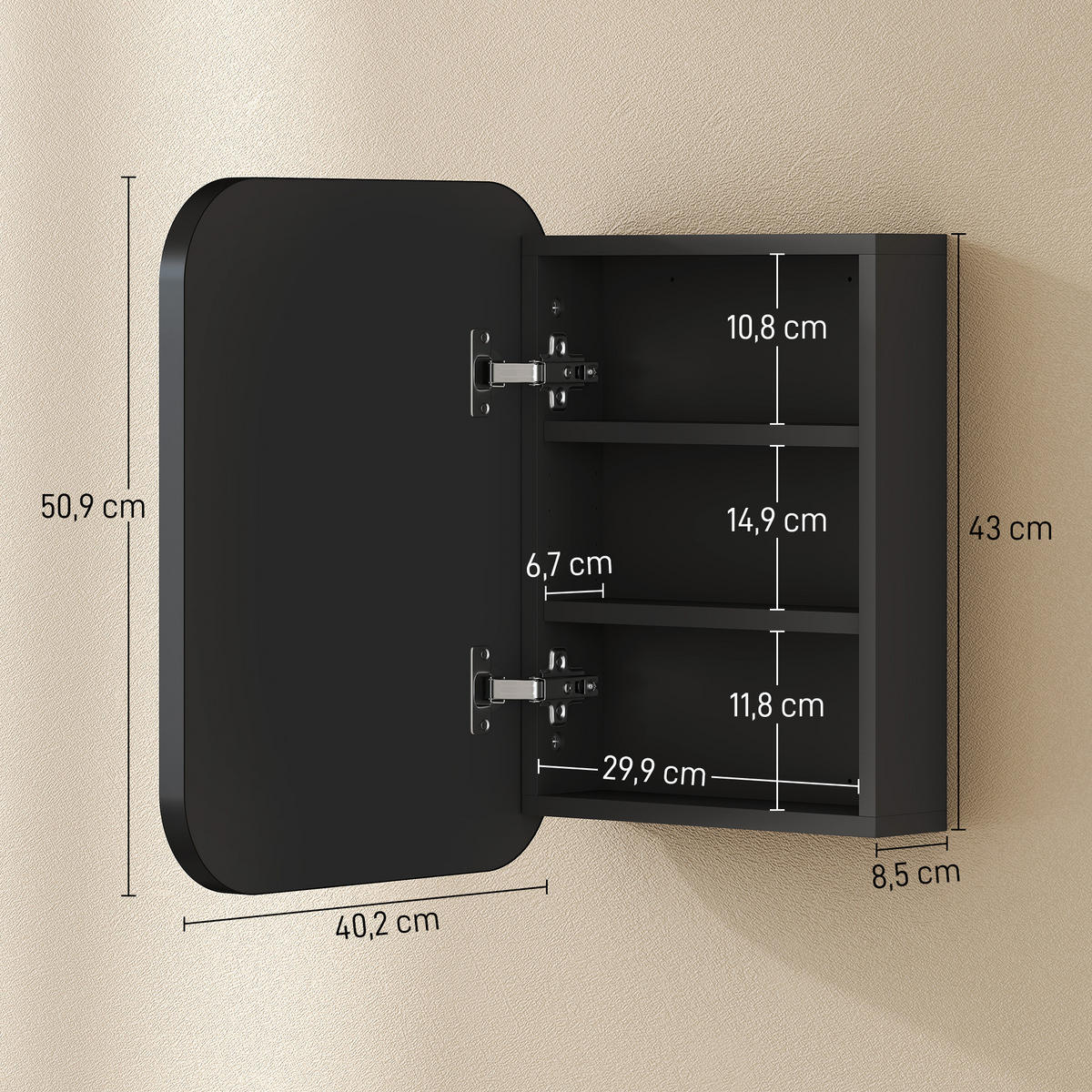 SPIEGELSCHRANK , abgerundetes Design, verstellbare Einlegeböden, 40,2 x 10,2 x 50,9 cm ,Schwarz - Schwarz, Glas (40.2/50.9/10.2cm) - Vallsero