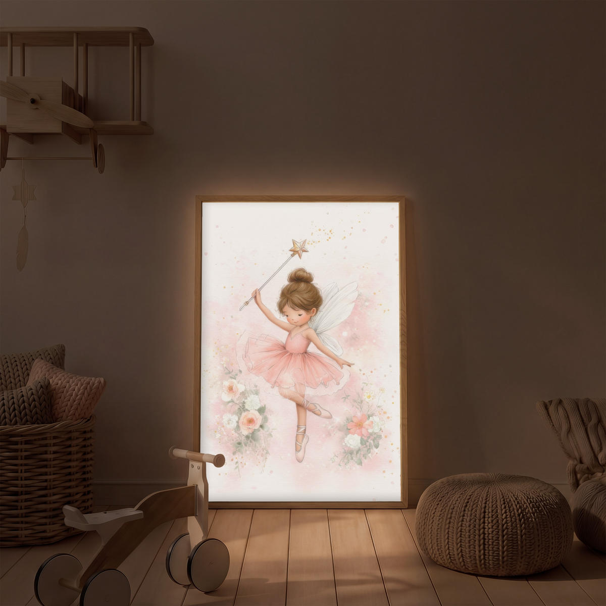NÁSTĚNNÁ LAMPA S AKUMULÁTOREM Baletka - Víla - Květiny - Růžová 60x90 cm - růžová, kompozitní dřevo (60/90/8cm) - OnlyWow