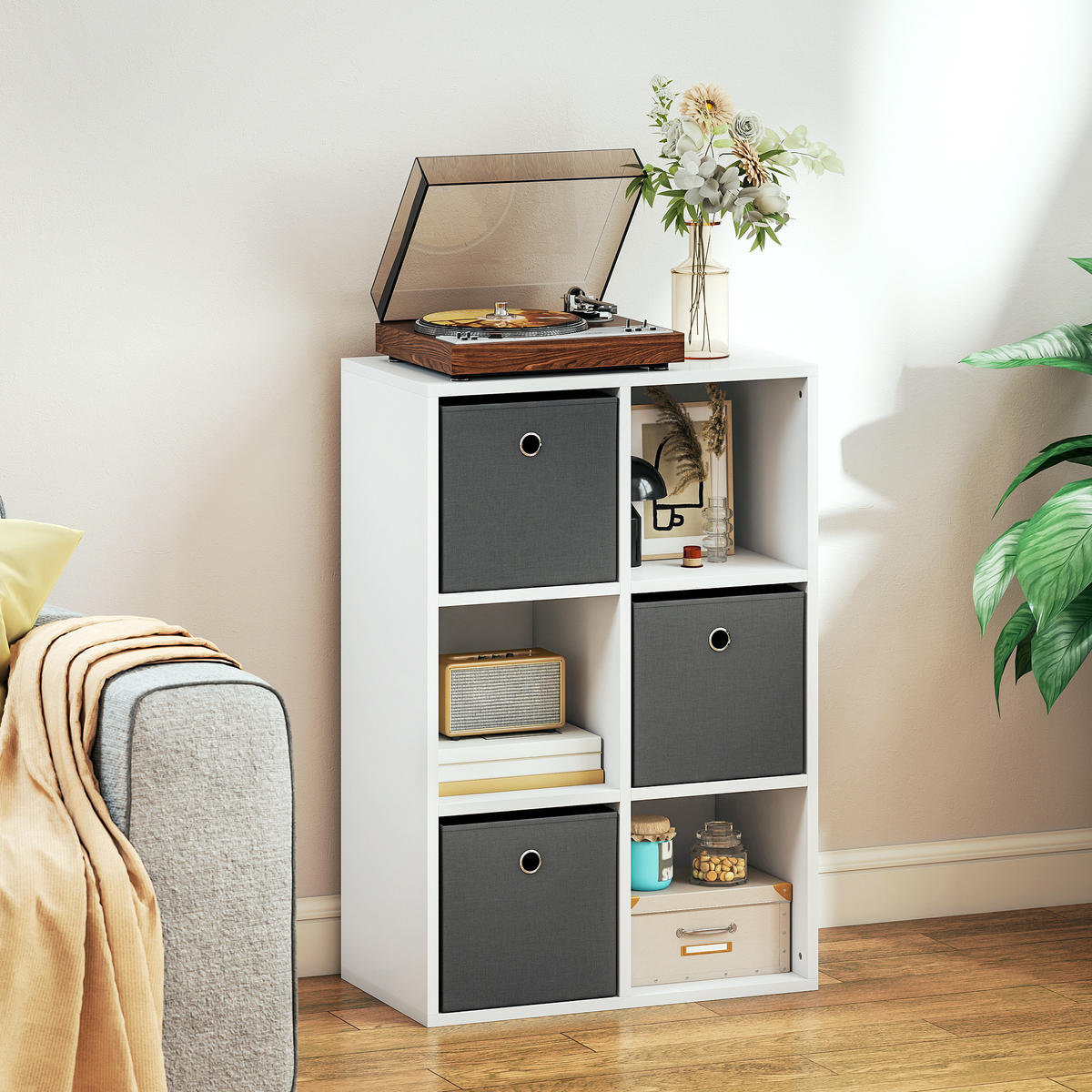 BÜCHERREGAL Bücherschrank mit 3 Stoff-Schubladen, Standregal mit offenen Regalen - Weiß, Holzwerkstoff/Textil (30/79.8/53.7cm) - HOMCOM