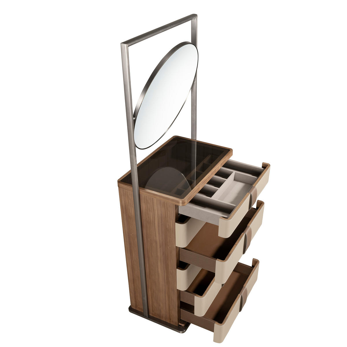 HIGHBOARD Chiffonier Leder, Nussbaum, grauer Stahl und braune Rauchglasplatte mit Spiegel 75/45/185 cm - Silberfarben/Multicolor, Leder/Glas (75/185/45cm) - ANGEL CERDA