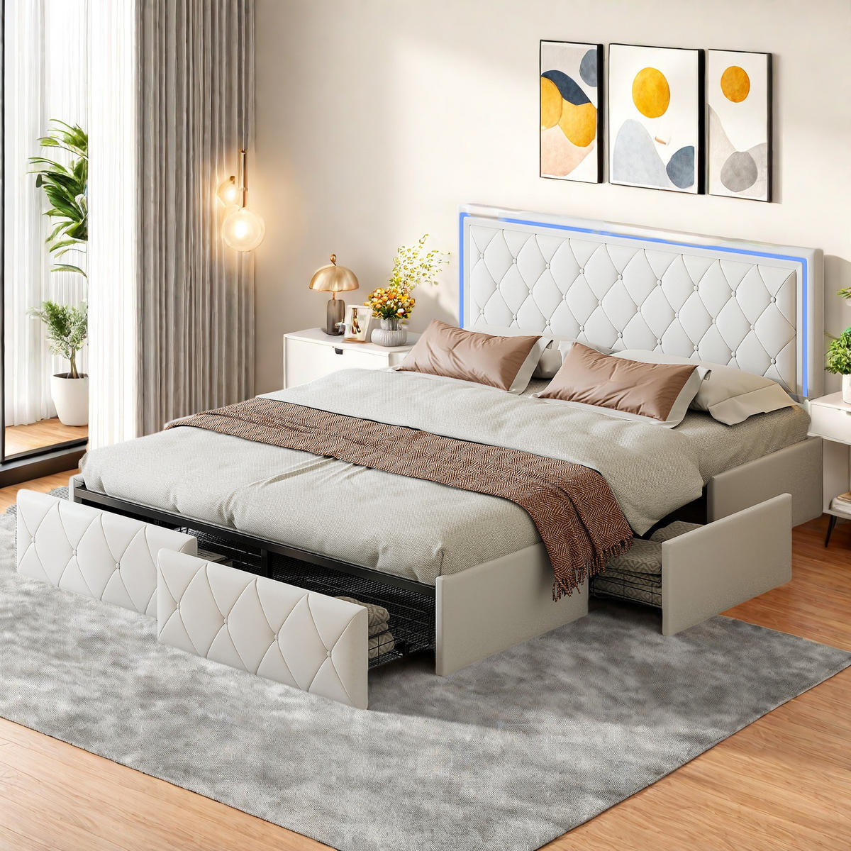 ČALÚNENÁ posteľ 140x200 cm béžová PU LED 4 zásuvky - béžová, kov (140/200cm) - SHOPENTRA