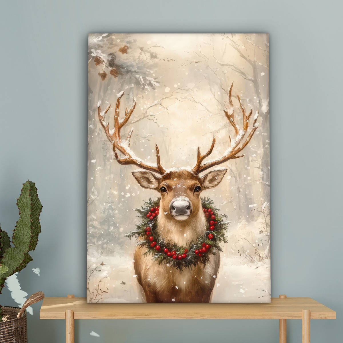 LEINWANDBILD Weihnachten - Rentier - Winter - Kranz 40x60 cm - Naturfarben, Textil (40/60cm) - MuchoWow