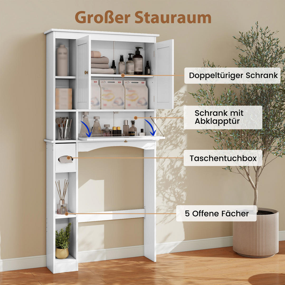 TOILETTENSCHRANK mit 3 Türen weiß - Weiß, Holzwerkstoff (80/165/21cm) - COSTWAY