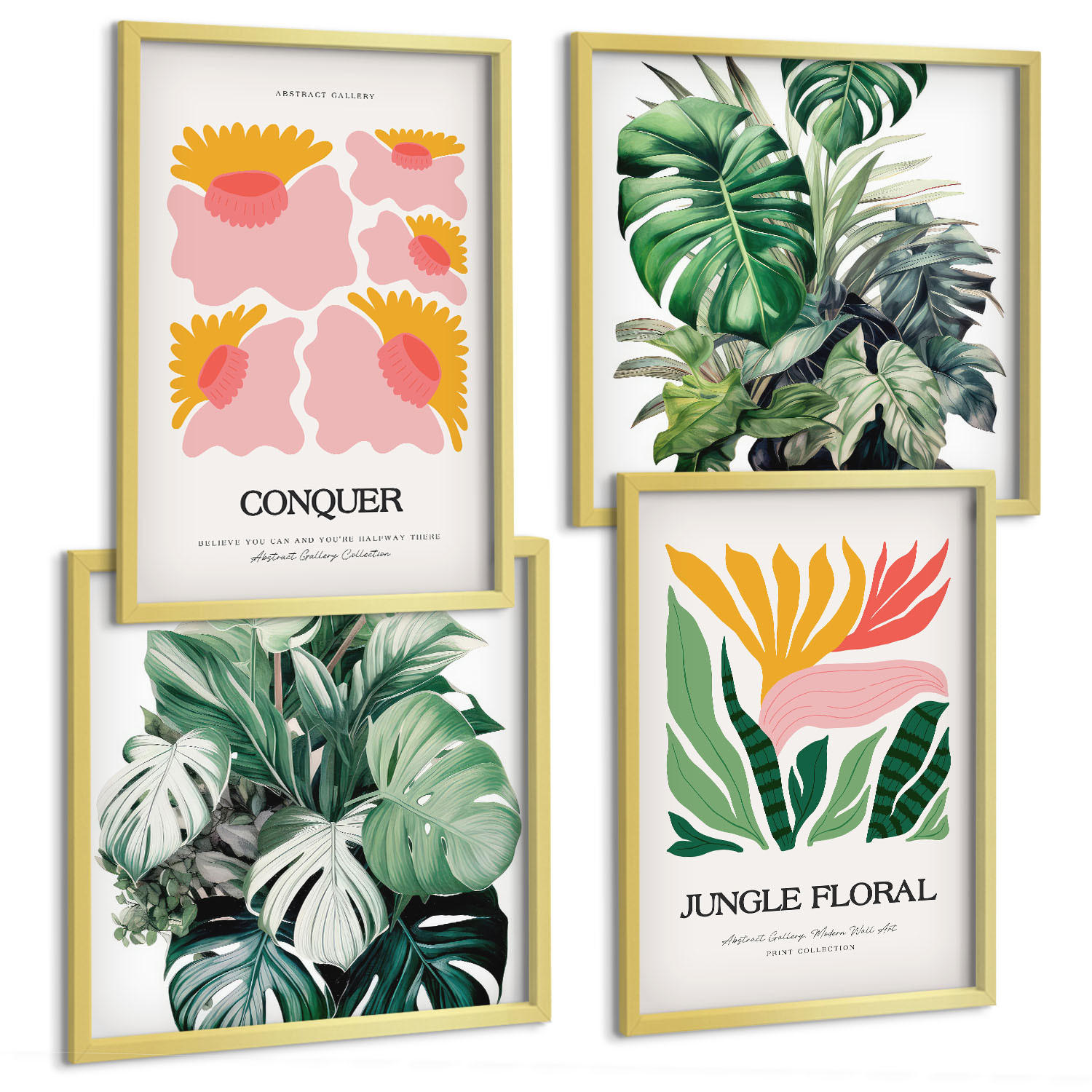 BILDER SET 4er Set - 50x50 cm & 40x60 cm Goldrahmen - Blumen und Blätter – moderne Poster - Goldfarben, Kunststoff (50/50cm) - TULUP