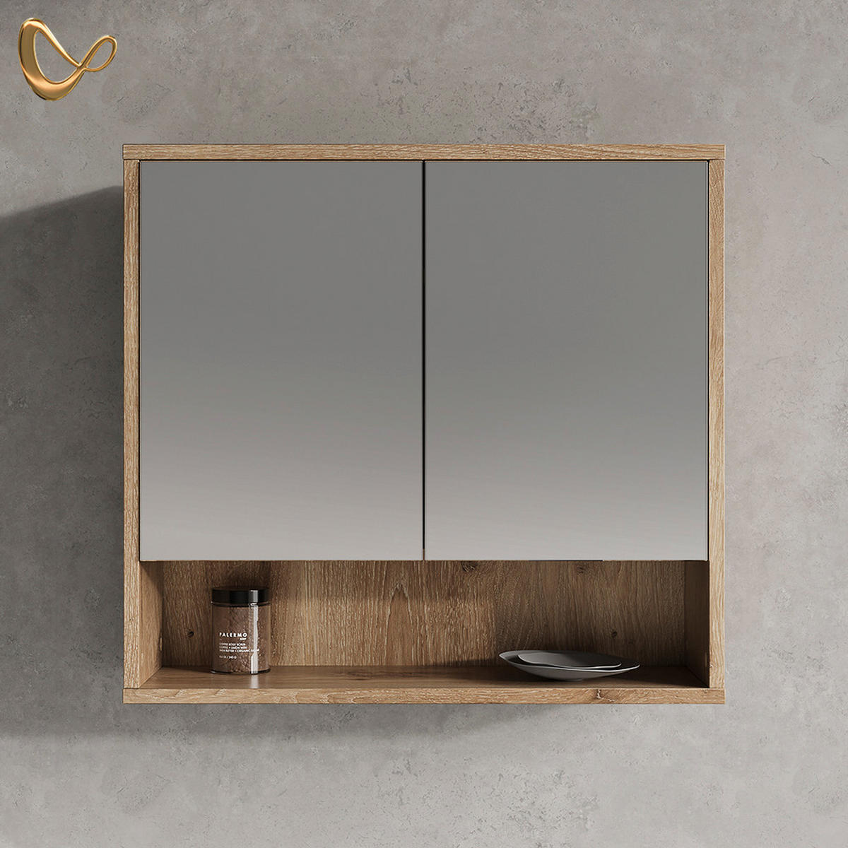 BADSPIEGELSCHRANK ATERNO Viking Oak 70 x 65 cm mit 2 Türen - Eichefarben, Holzwerkstoff (70/65/22.1cm) - Livinity®