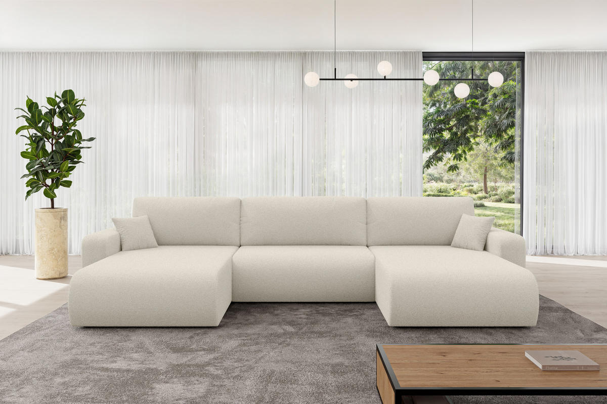 SEDACÍ SOUPRAVA DO U s funkcí spaní a úložným prostorem BERY-U 377x193x88 béžová bouclé - černá/písková barva, kompozitní dřevo/textil (377/88/193cm) - ALTDECOR