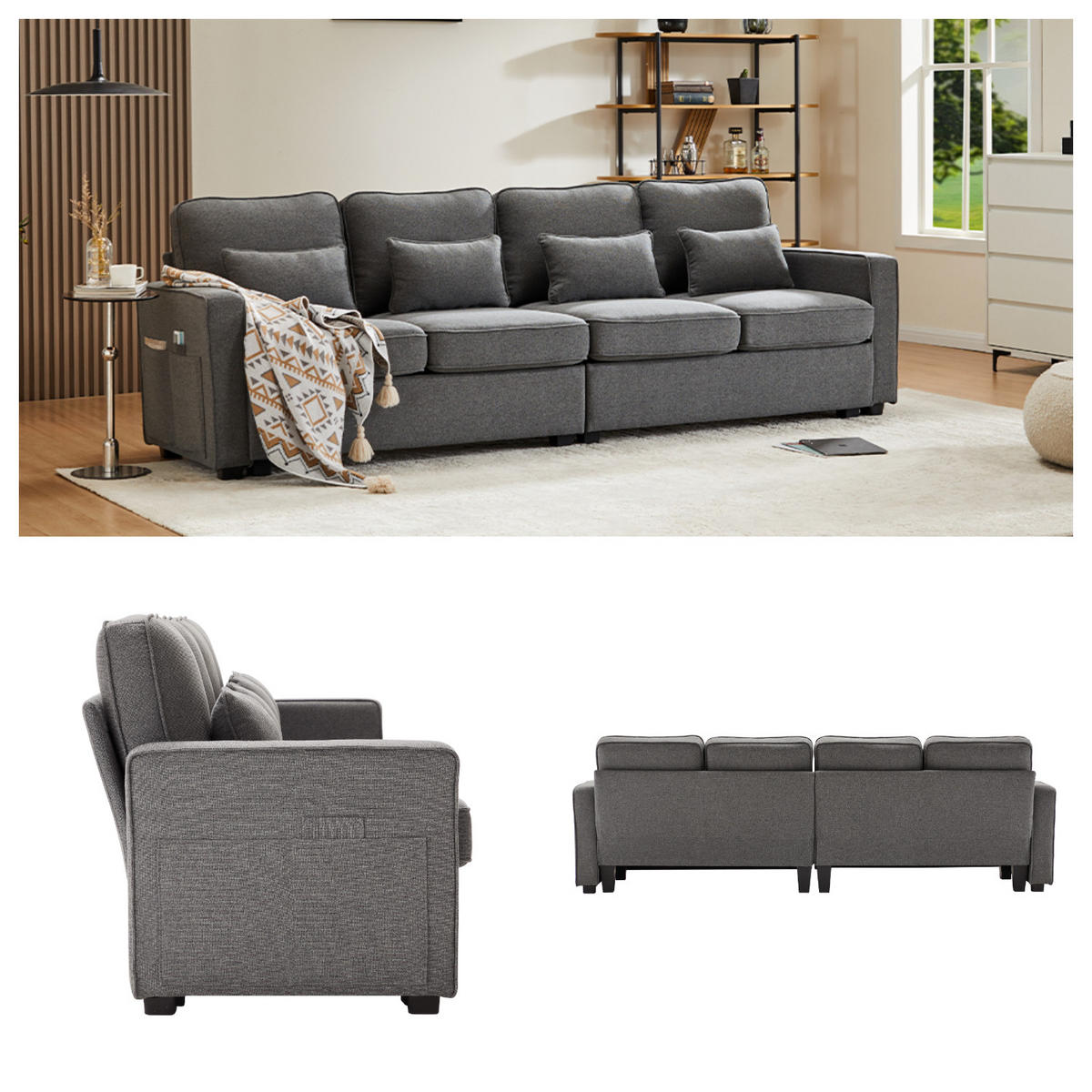 OVALER Couchtisch mit aufklappbarer Tischplatte und Stauraum, Holzwerkstoff, Eiche - Grau, Textil (264/83/87cm) - Meubles Cosy
