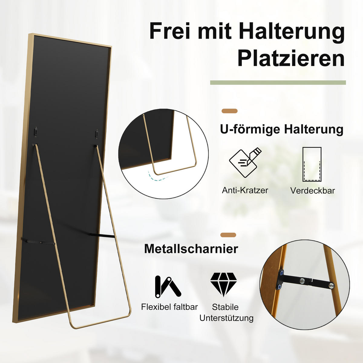 STANDSPIEGEL Ganzkörperspiegel,177 x 77 cm, freistehend/wandmontiert, Ankleidespiegel, goldfarben - Goldfarben, Glas (77/177/3cm) - WoodenAura