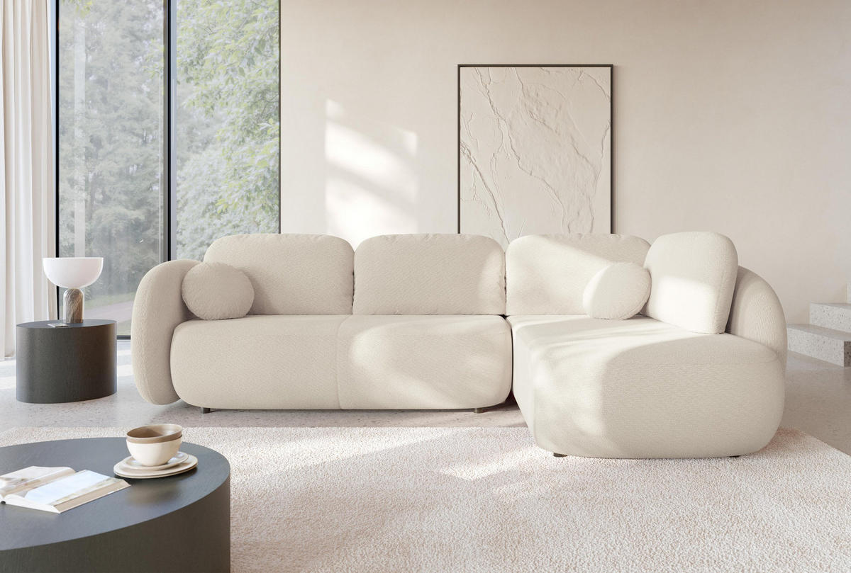 ECKSOFA AMICO II R-S Creme Geflochtener Stoff mit Schlaffunktion - Creme, Holz (289/190cm) - MASSENO