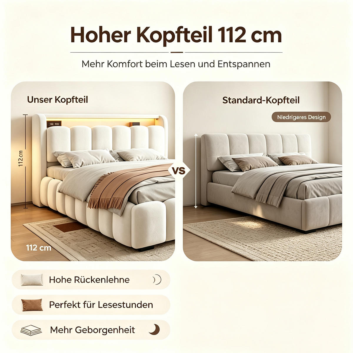 BOXBETT 180/200 mit LED/USB-C, Samt, Beige - Beige, Holz (180/200cm) - LVHOM
