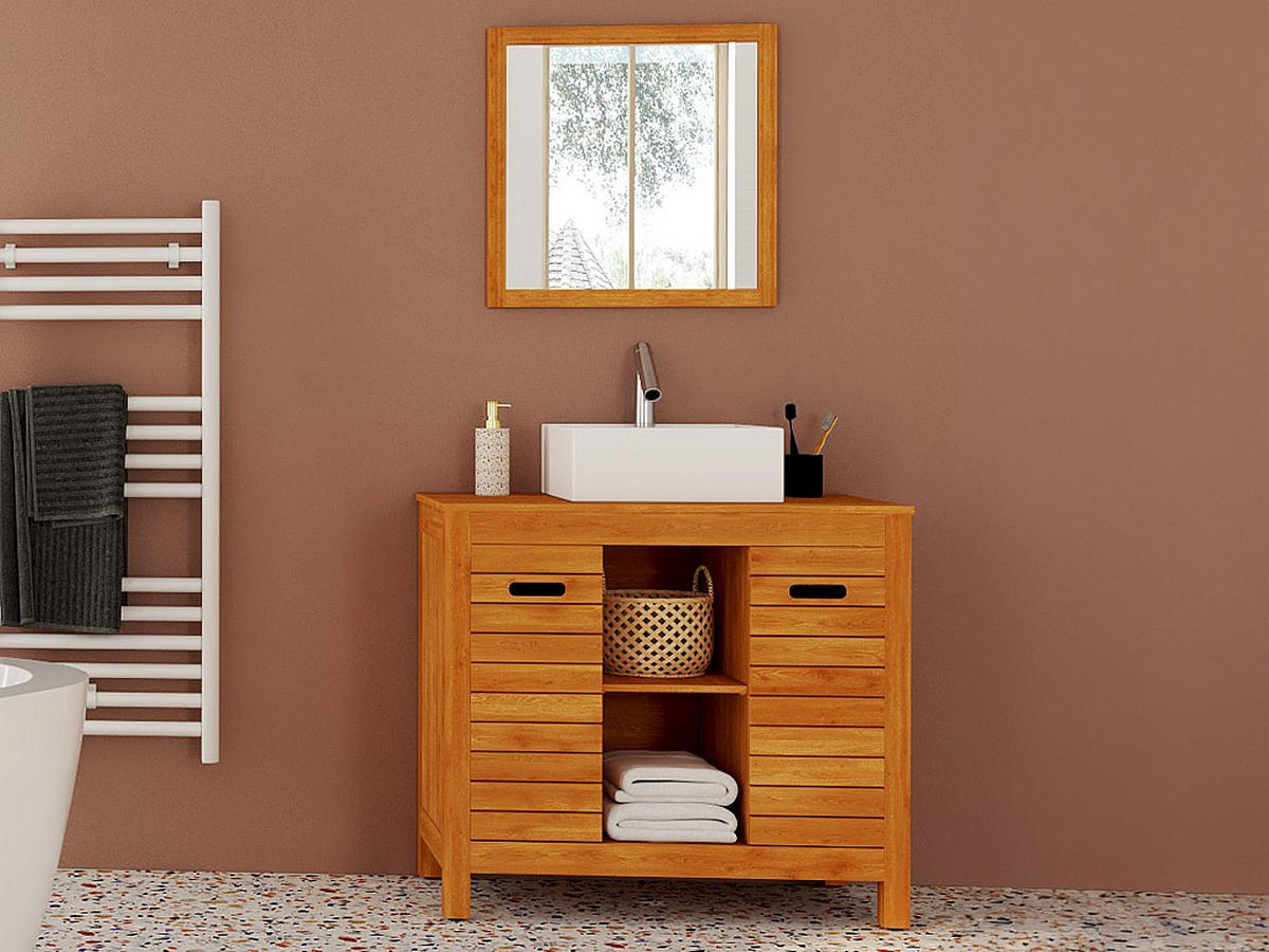 WASCHBECKENUNTERSCHRANK - 90 cm x 50 cm - Holz, Platte - Naturfarben Dunkel - PULUKAN - Naturfarben, Holz (90/83/50cm) - Vente-Unique