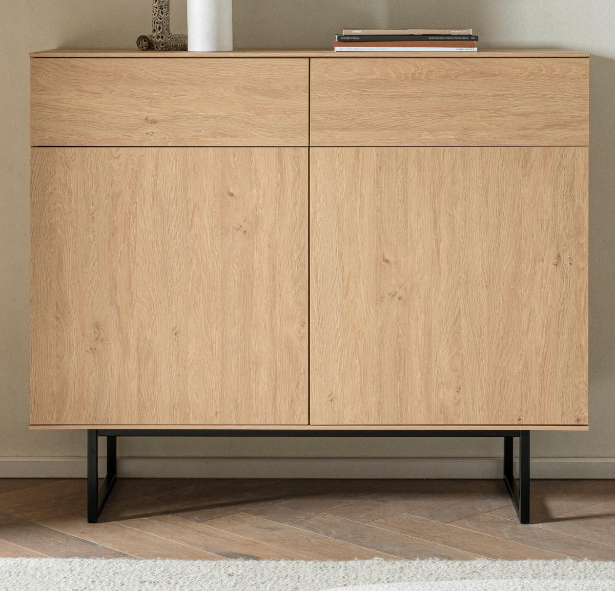 SIDEBOARD Stone Eiche, Kommode 115 x 98 cm, mit Push-to-Open - Eichefarben/Schwarz, Holzwerkstoff/Metall (115/98/40cm) - Furn.Design