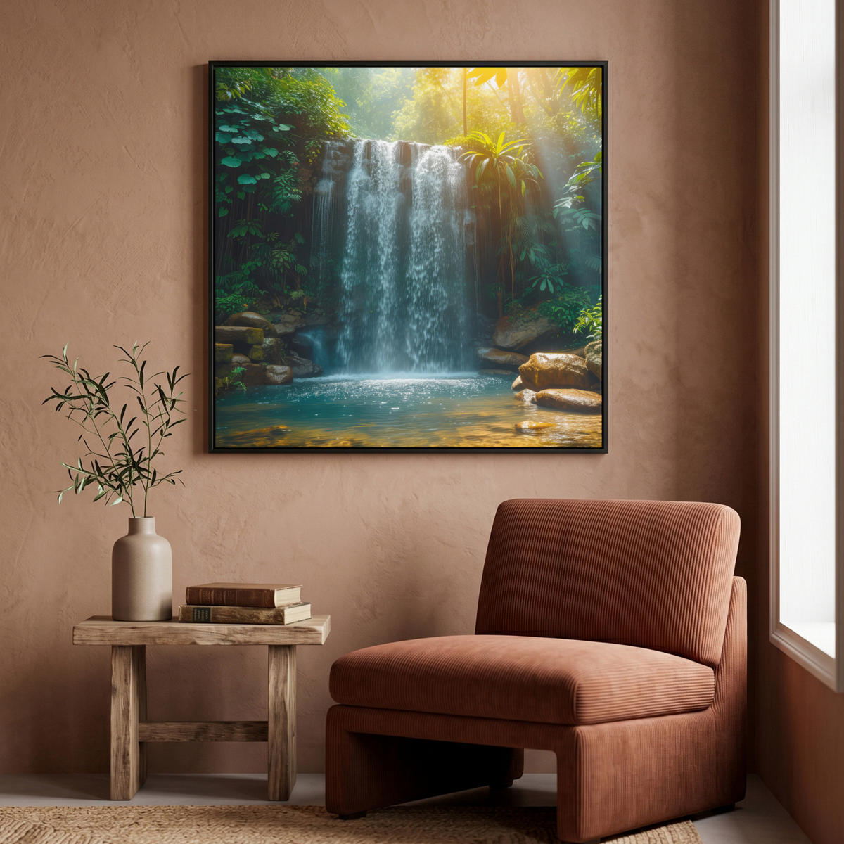 LEINWAND Bilder mit Rahmen - Wasserfall - Dschungel - Sonne - Grün - Natur - 90x90 - Grün, Textil (90/90cm) - MuchoWow